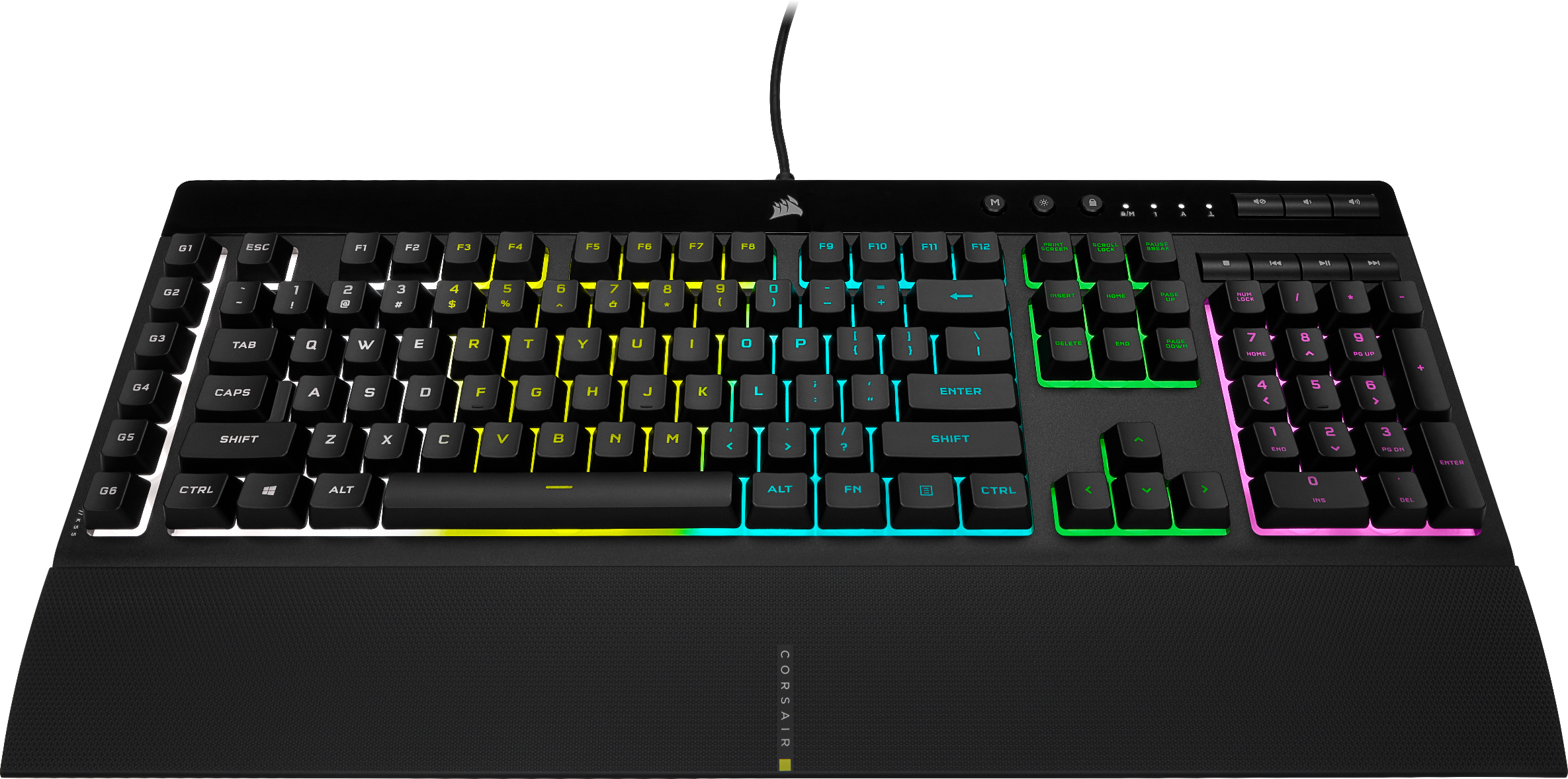 Clavier Corsair noir avec éclairage RVB, vue de dessus, touches et repose-poignets.