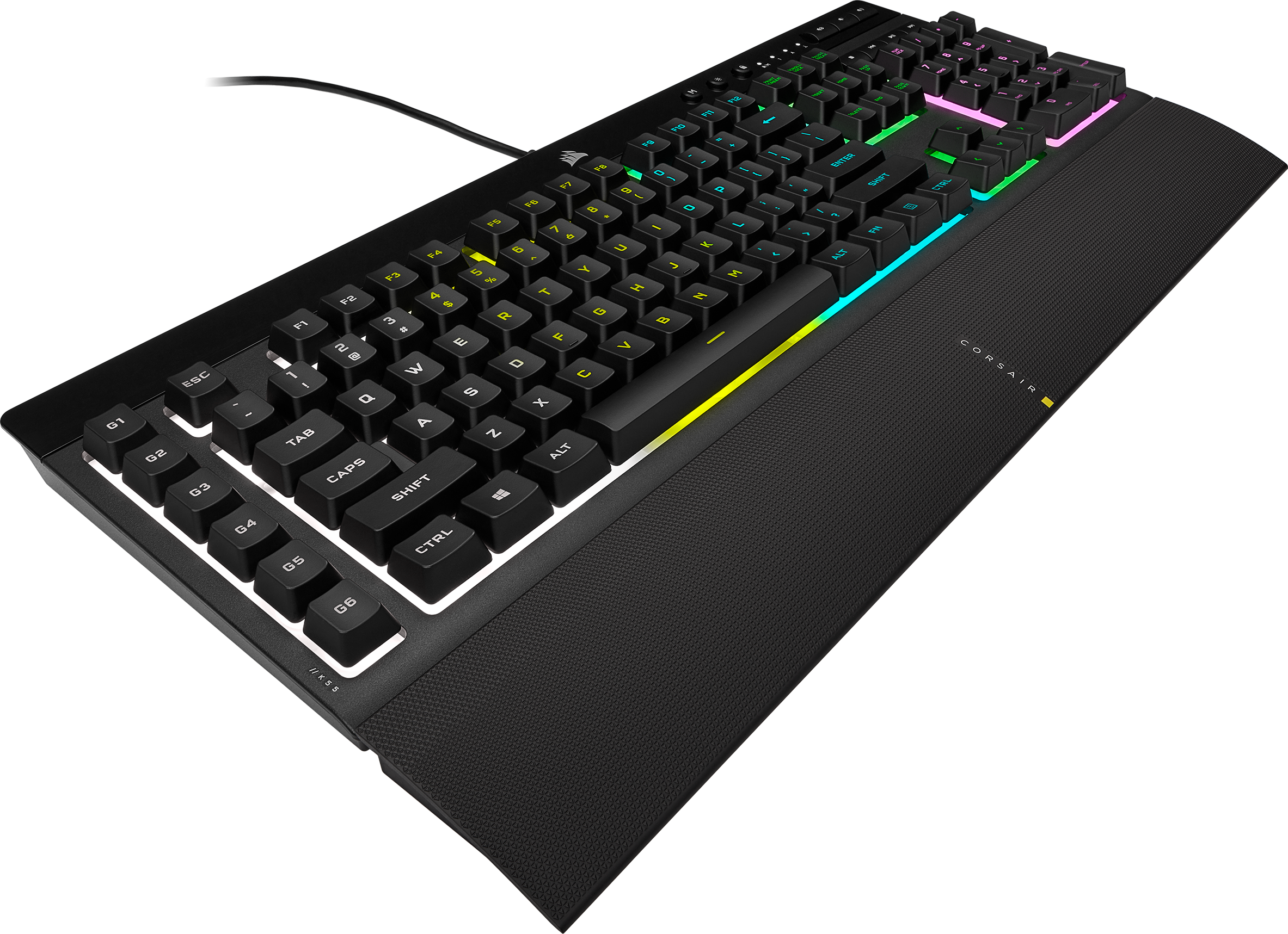 Un clavier Corsair noir avec éclairage RGB et différents capuchons de touches.