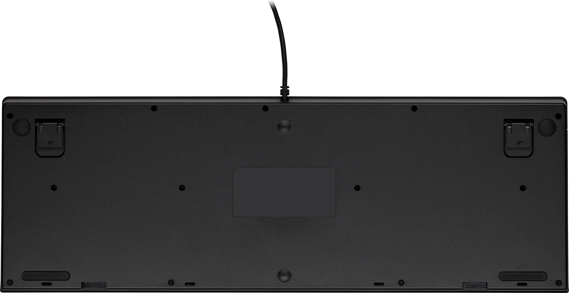 Dessous d'un clavier noir avec une connexion filaire.