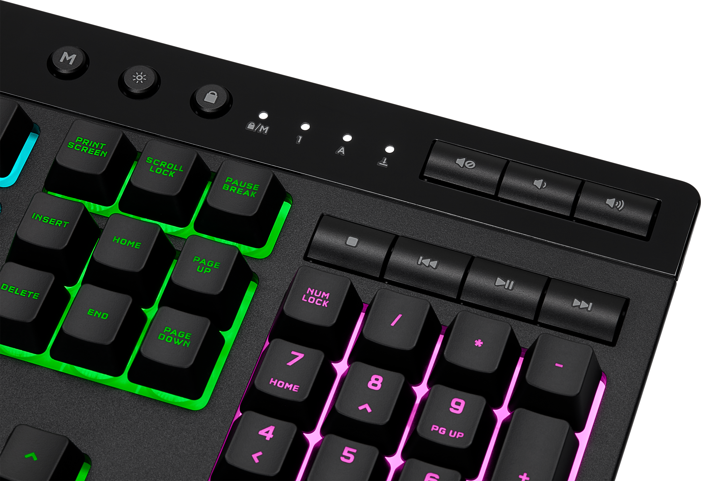 Gros plan d'un clavier noir avec des touches éclairées. Montre les touches de fonction et les commandes multimédias.