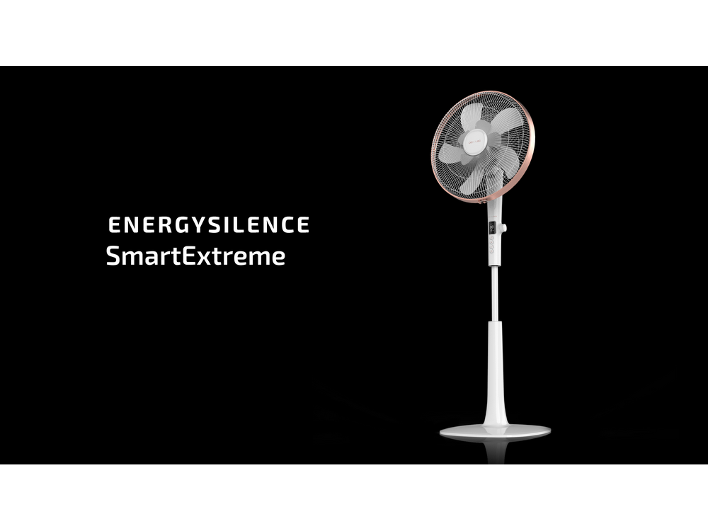 Ventilador de pie blanco y oro rosa con el texto ENERGY SILENCE SmartExtreme.