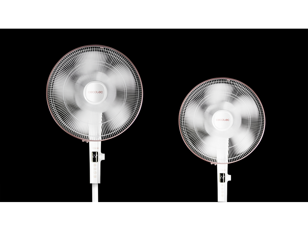 Dos ventiladores blancos y rosas sobre soportes contra un fondo negro.