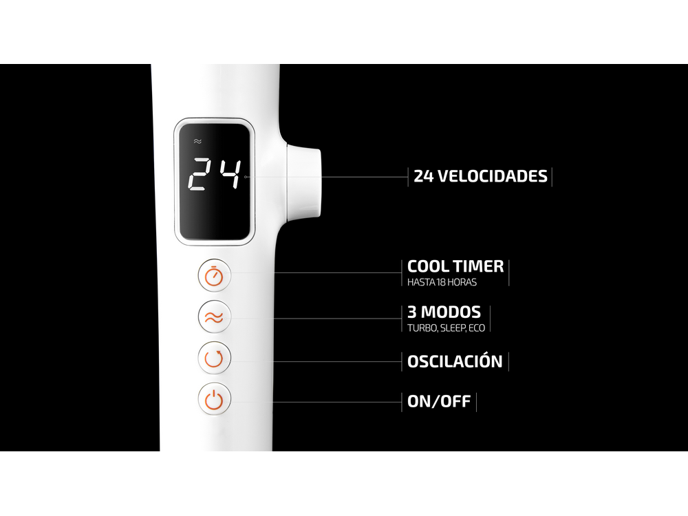 Primer plano de un panel de control de ventilador blanco. Muestra números y botones.