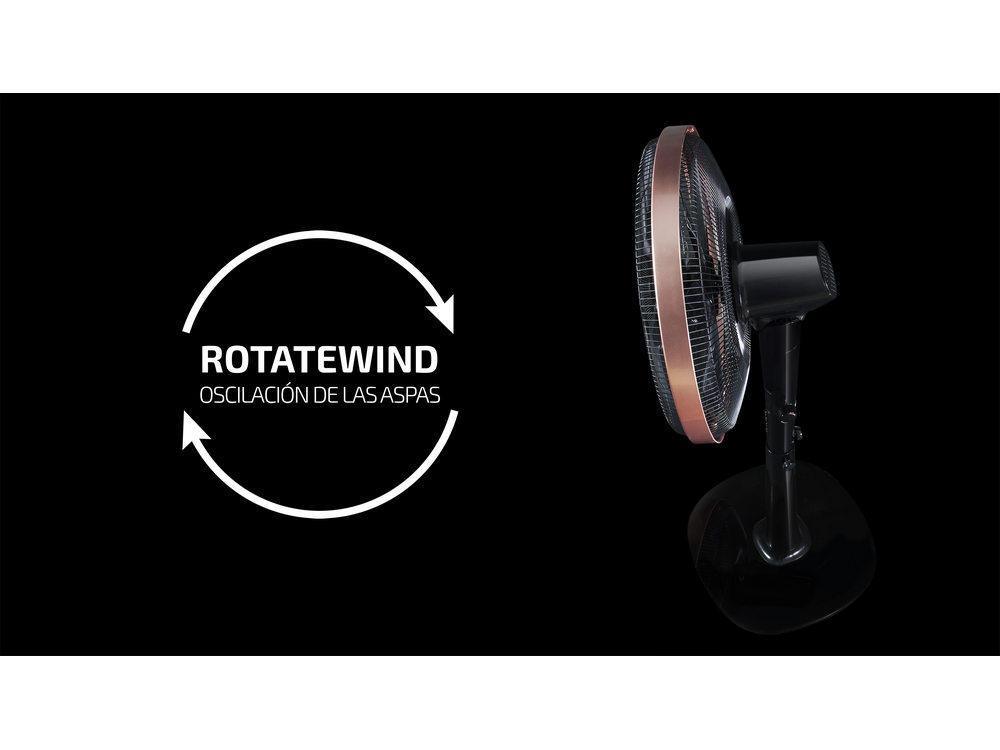 Ventilador negro y bronce con texto 'ROTATEWIND' y flechas de oscilación, sobre fondo negro.