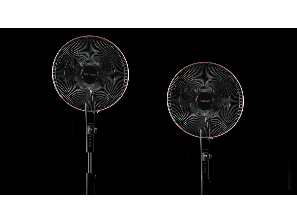 Dos ventiladores negros con detalles en oro rosa, sobre soportes, sobre fondo negro.