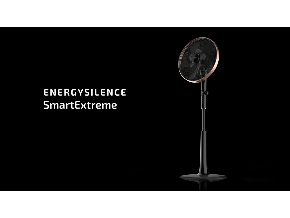 Un ventilador negro sobre un soporte con el texto "ENERGYSILENCE SmartExtreme".