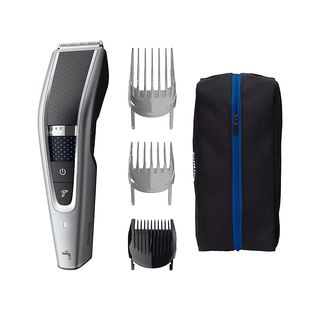 Cortapelos - Philips S5000 HC5630/15, 28 longitudes, 90 min autonomía sin cable, 3 cabezales, 2 para pelo y 1 para barba, estuche