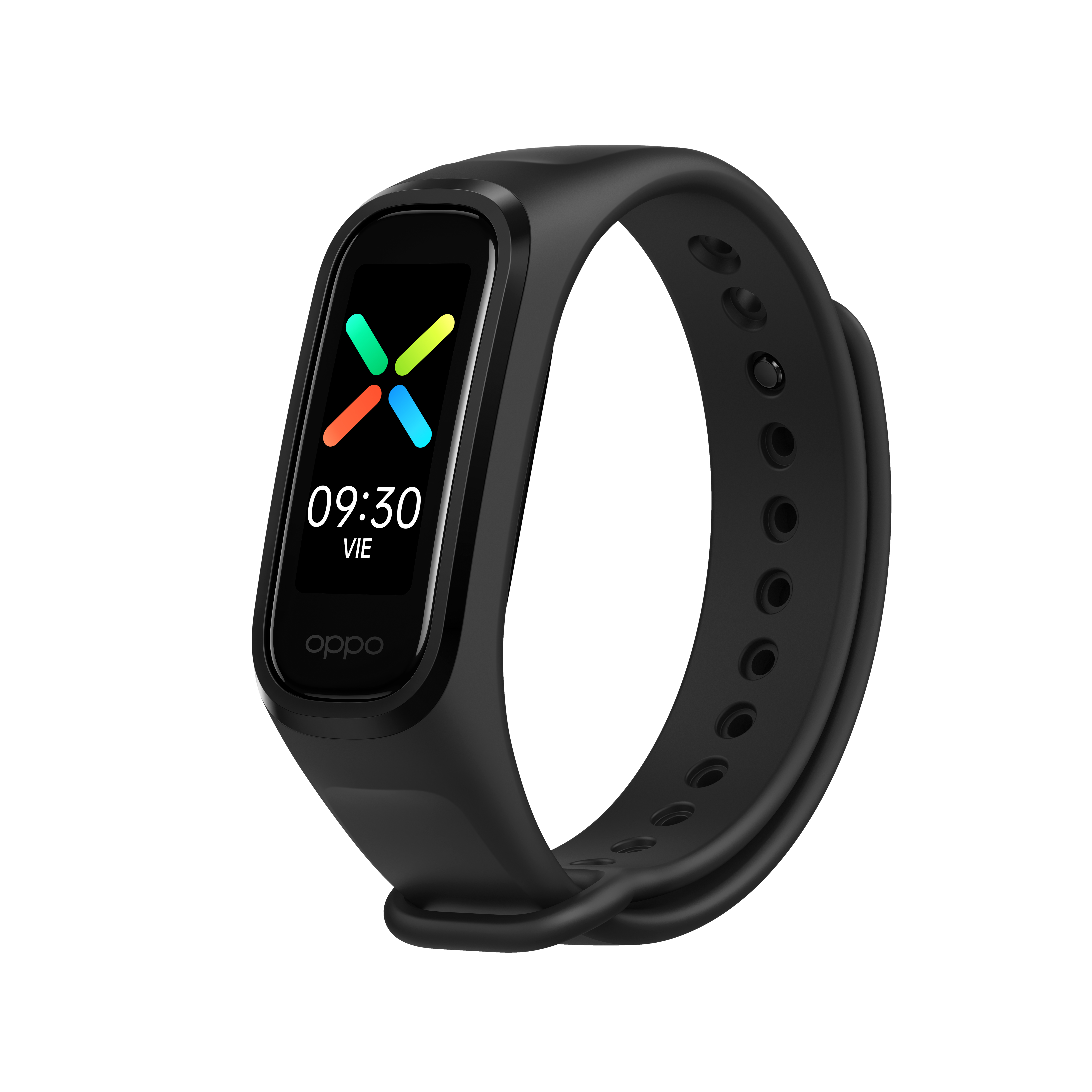 Reloj inteligente Oppo negro con pantalla que muestra la hora y el logotipo. Correa negra con agujeros.
