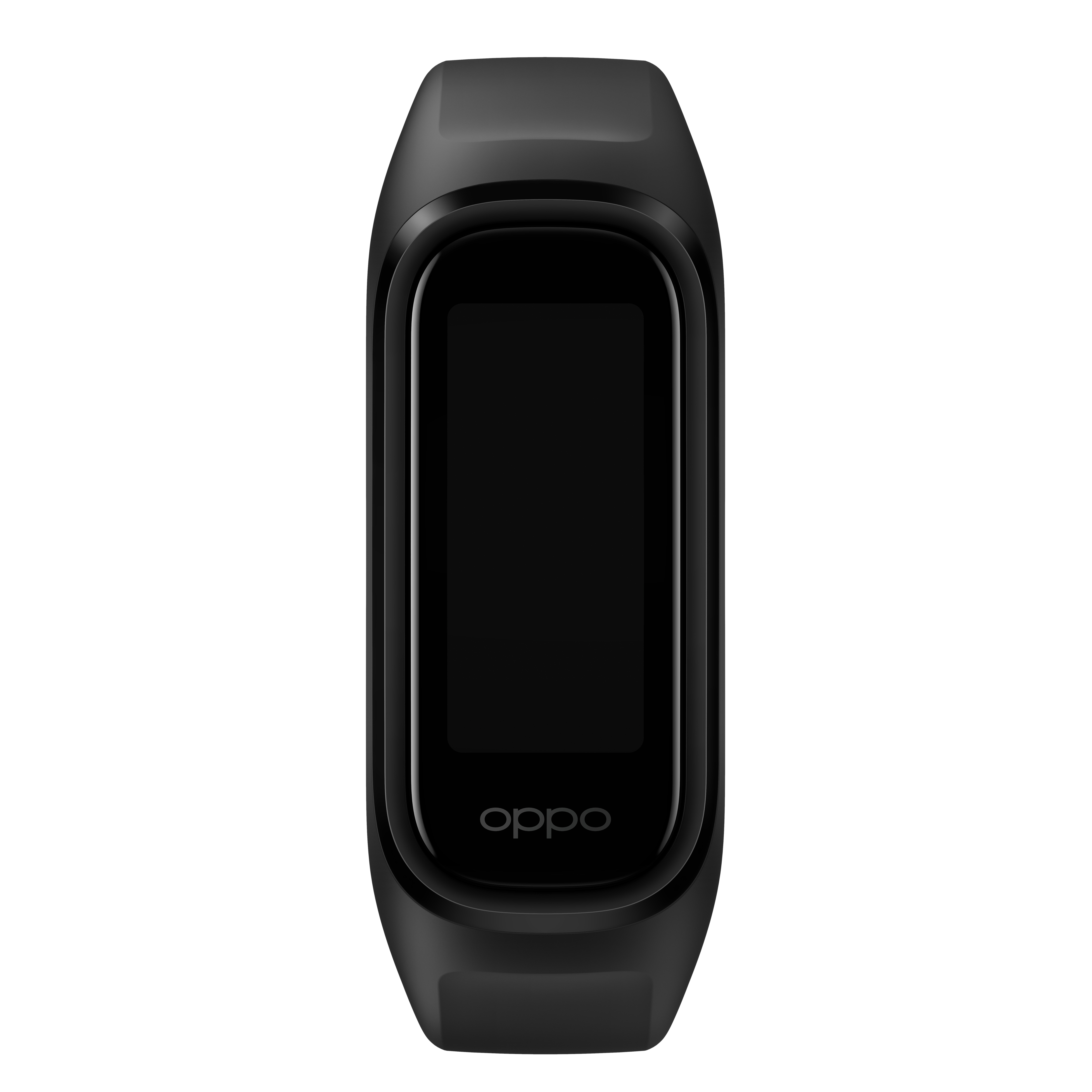 Rastreador de actividad Oppo negro. Tiene una pantalla rectangular, sobre fondo negro.