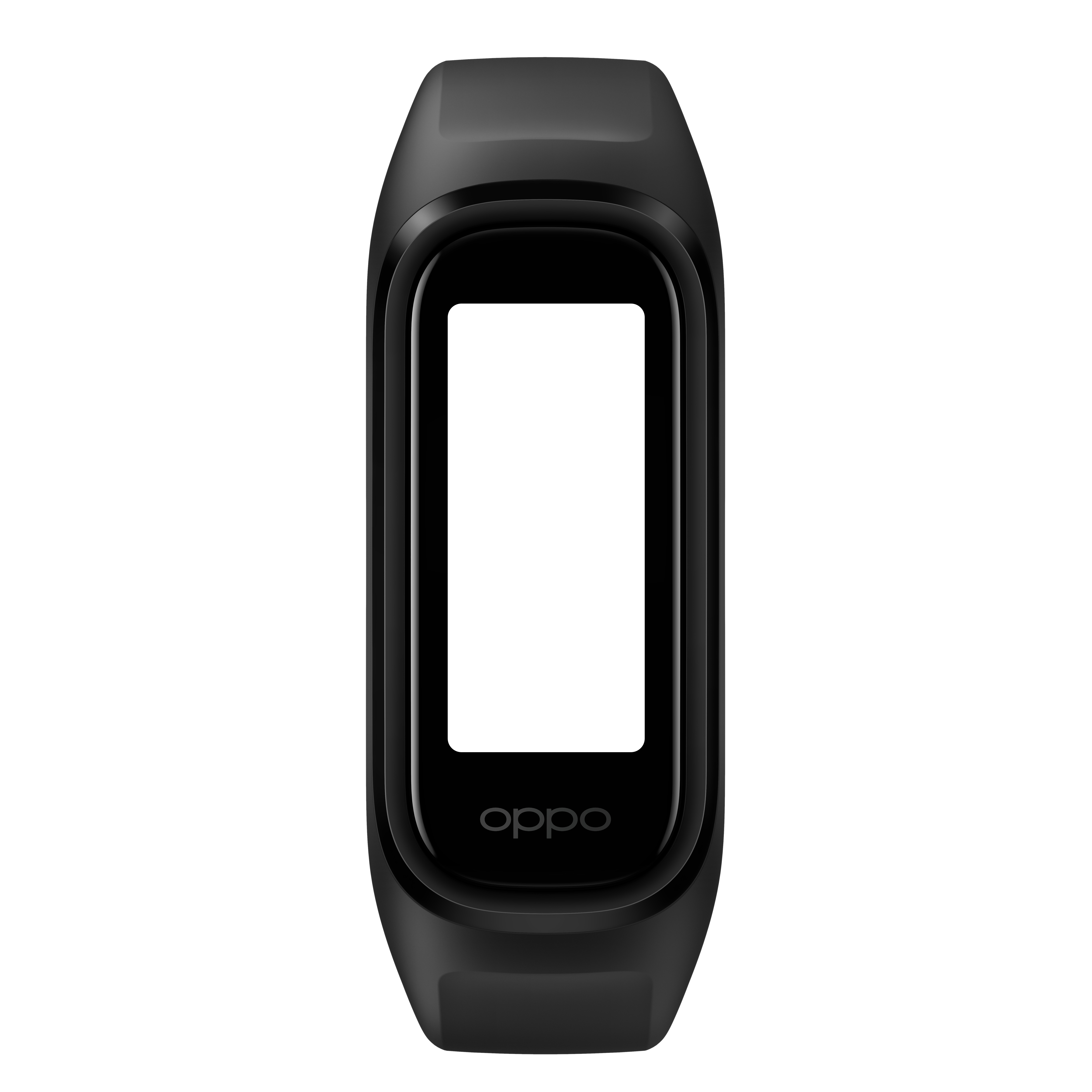 Rastreador de ejercicios negro con el logo de OPPO. Fondo negro.