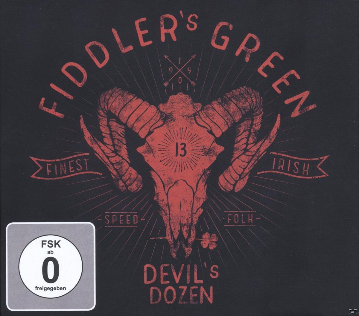 Albumcover: Schädel mit Hörnern, rot und schwarz, Text 'Fiddler's Green', 'Devil's Dozen'.
