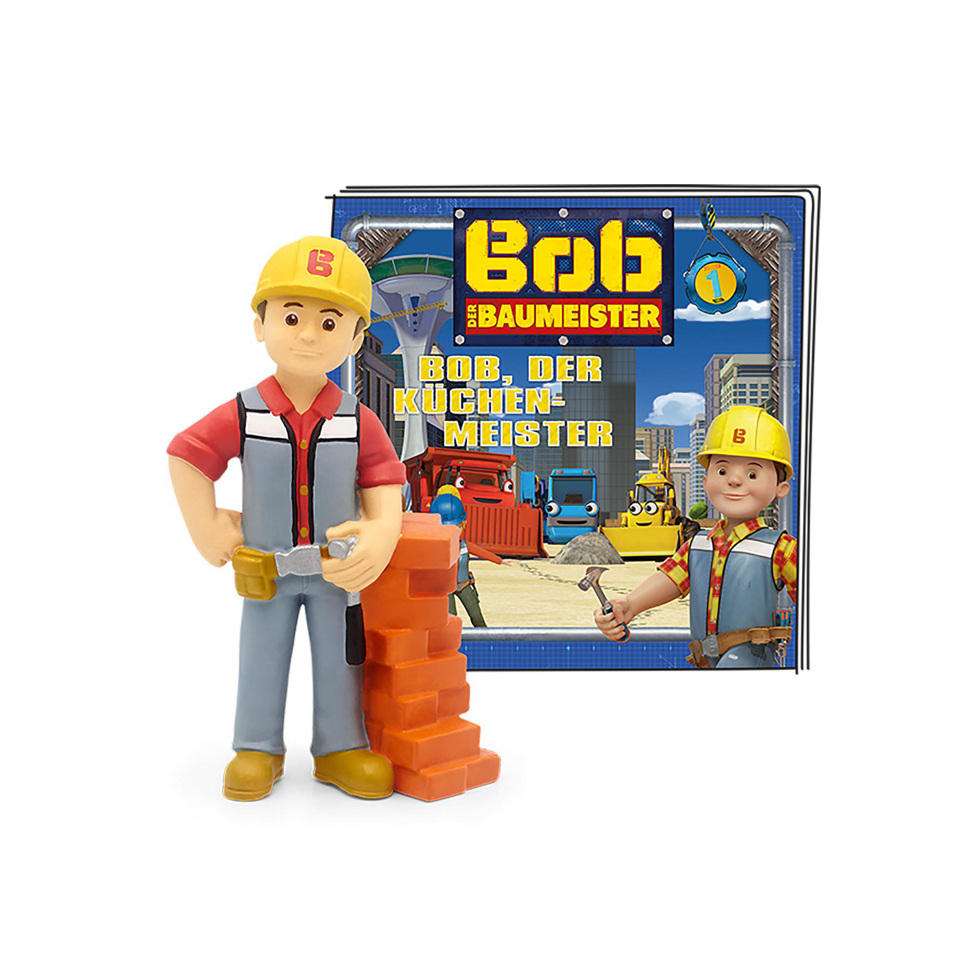 Eine Bob der Baumeister Spielfigur steht neben einer Ziegelmauer und einem Bob der Baumeister Poster.