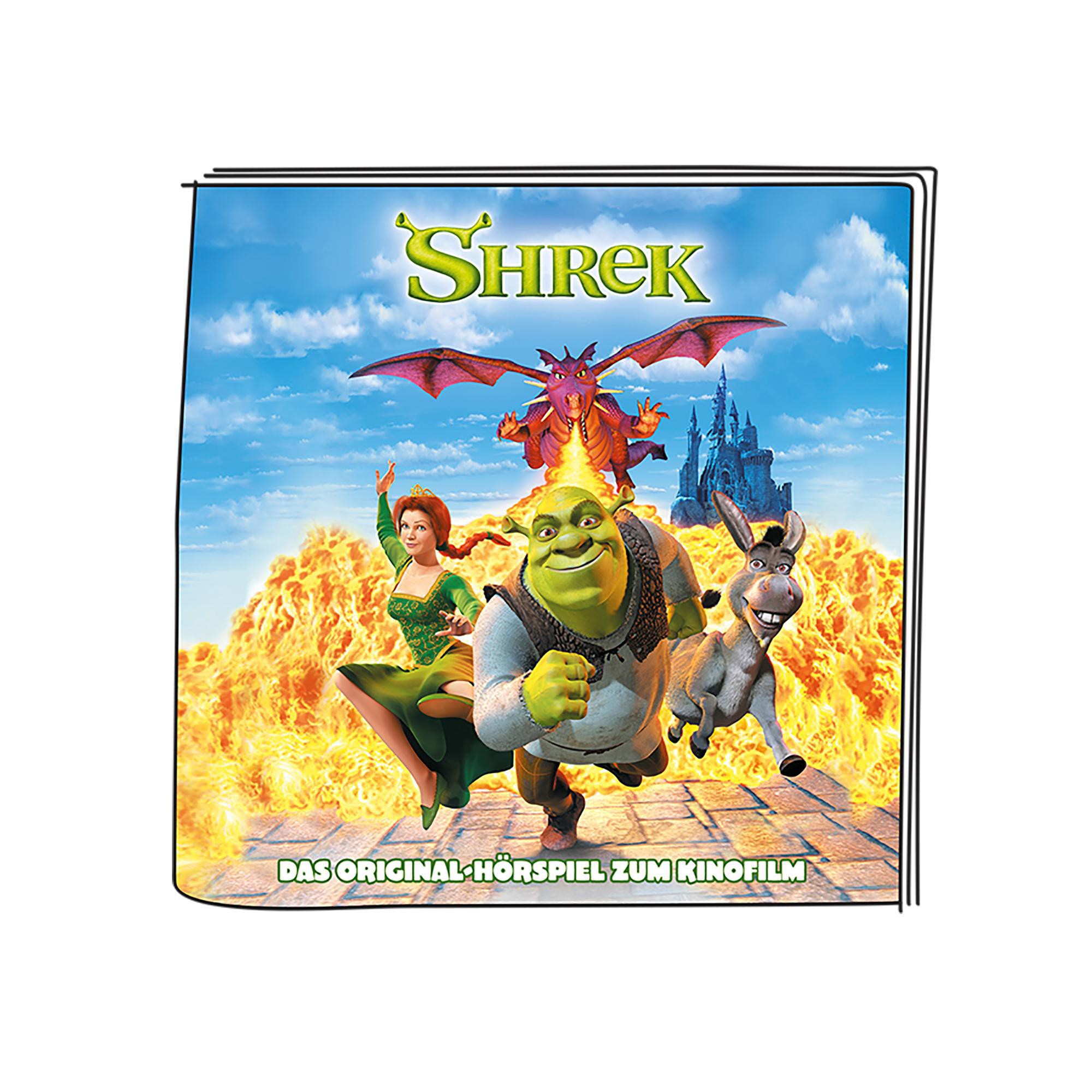 Shrek-Filmcover. Shrek, Fiona, Esel und ein Drache sind in der Szene.