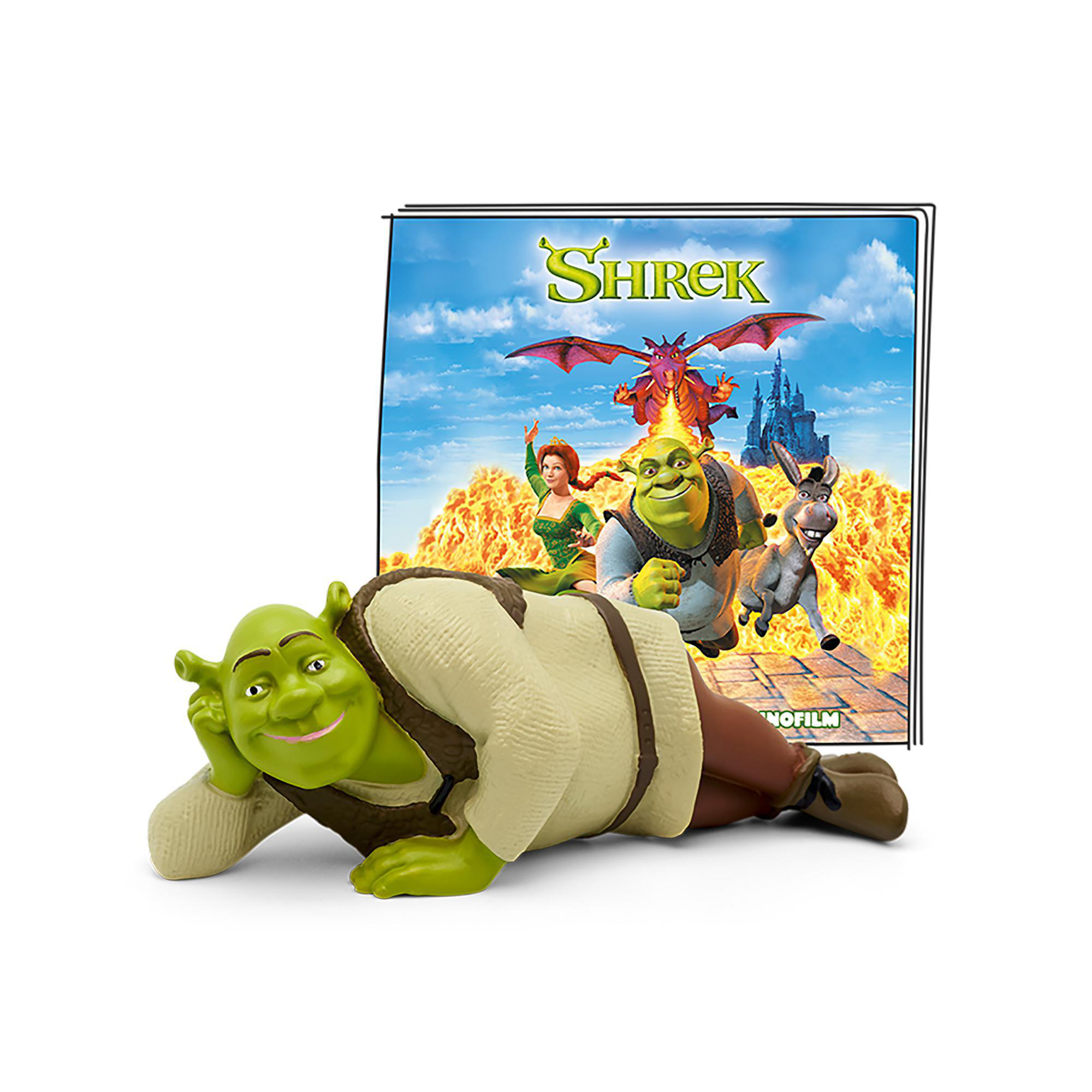 Shrek-Figur liegt, dahinter ein Filmplakat mit Shrek, Fiona und Esel.