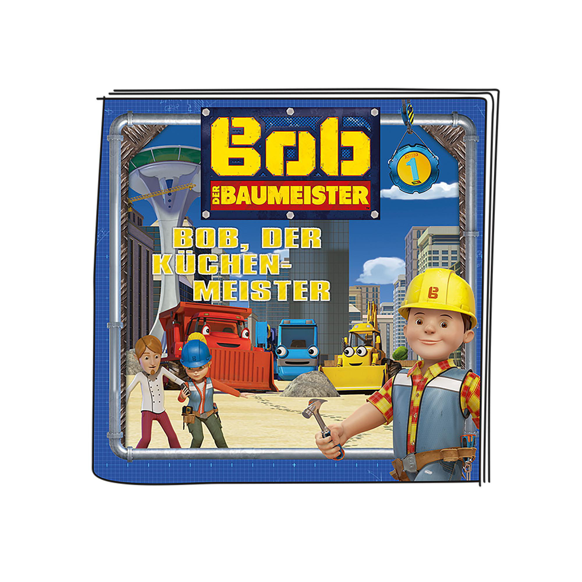 Bob der Baumeister Buchcover. Bob mit Werkzeugen, Baufahrzeugen und Arbeitern.