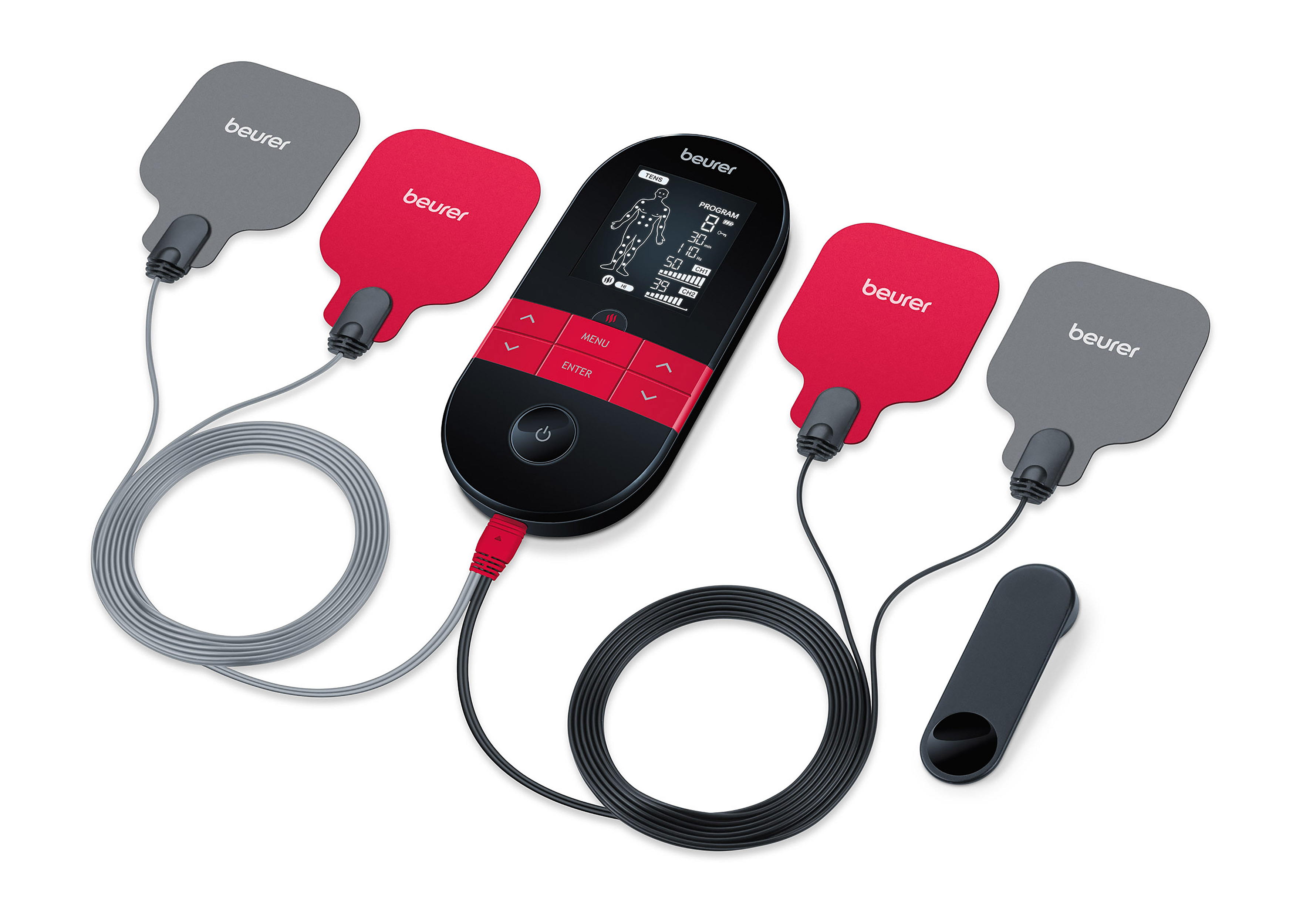 Gerät und Elektroden. Rote und graue Pads sind mit dem Gerät verbunden. Schwarze und graue Drähte.