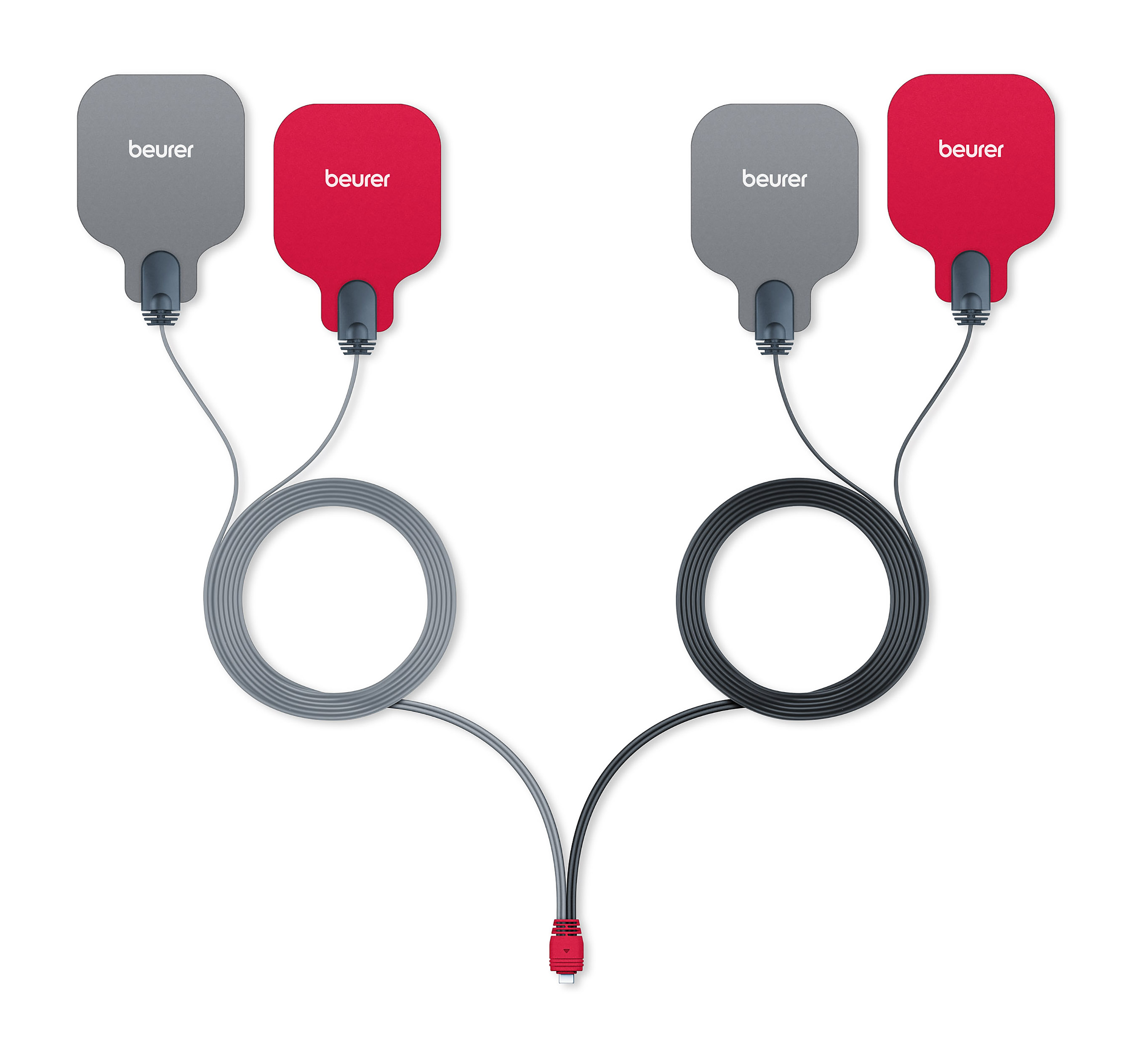 Zwei Paare roter und grauer Elektrodenpads für die Elektrostimulationstherapie. Durch Drähte verbunden.