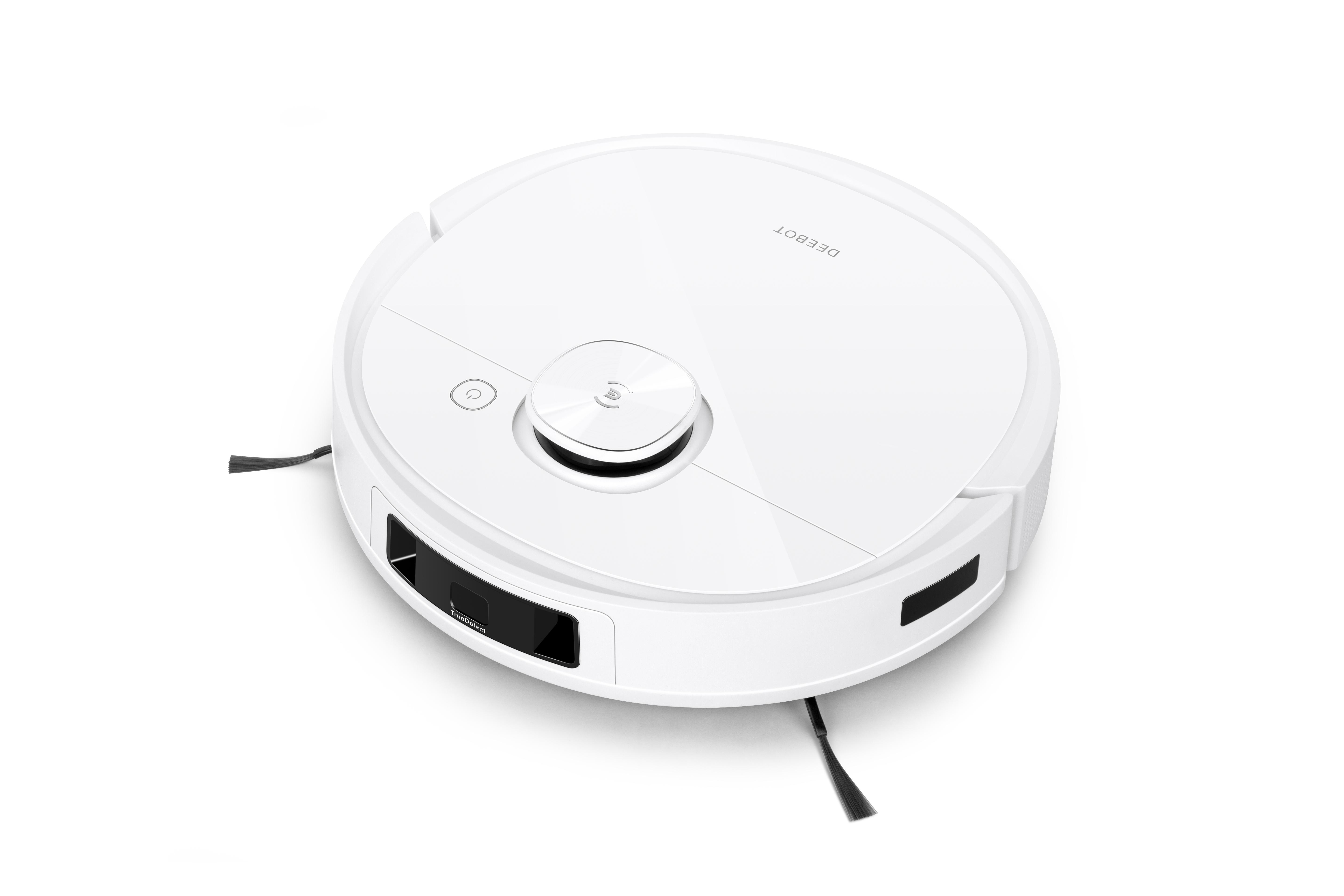 Ein weißer Roboter-Staubsauger mit schwarzen Bürsten und Sensoren.