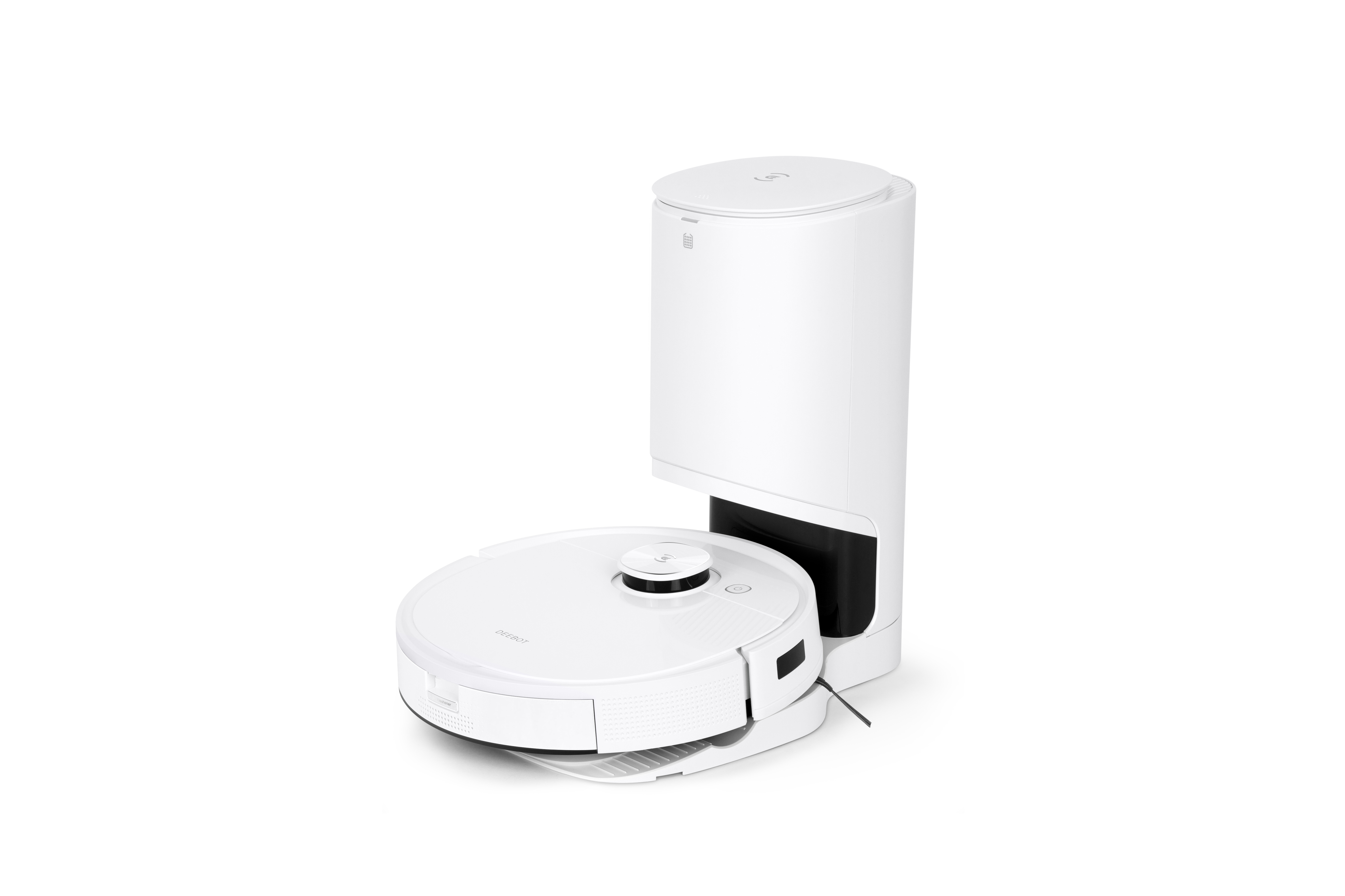 Weißer Roboter-Staubsauger mit Ladestation auf weißem Hintergrund.