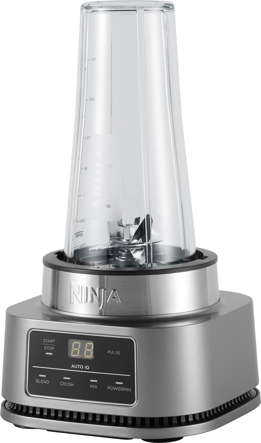 Silver and clear Ninja blender with digital display and buttons.