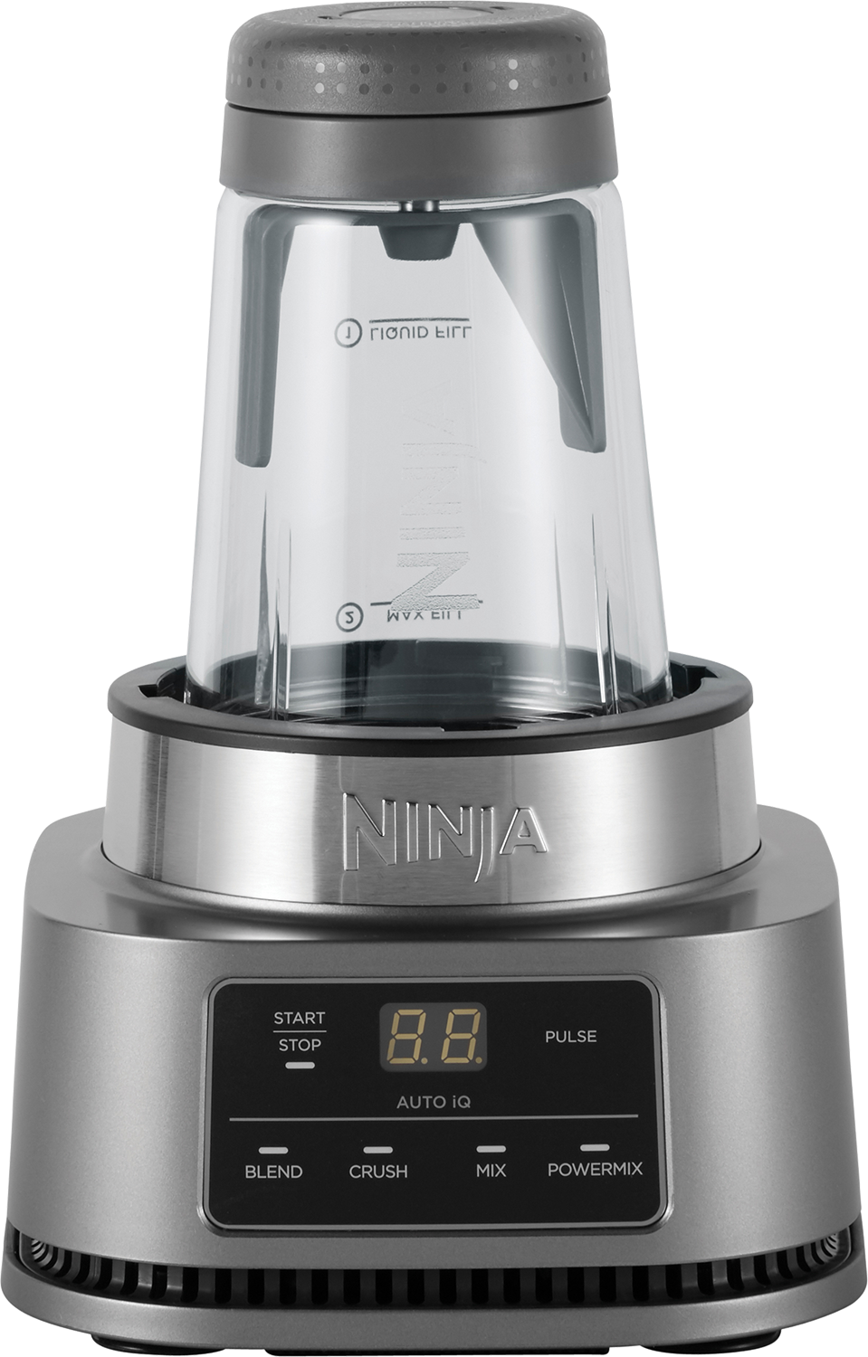 A silver Ninja blender with a clear plastic blending container and digital controls.
