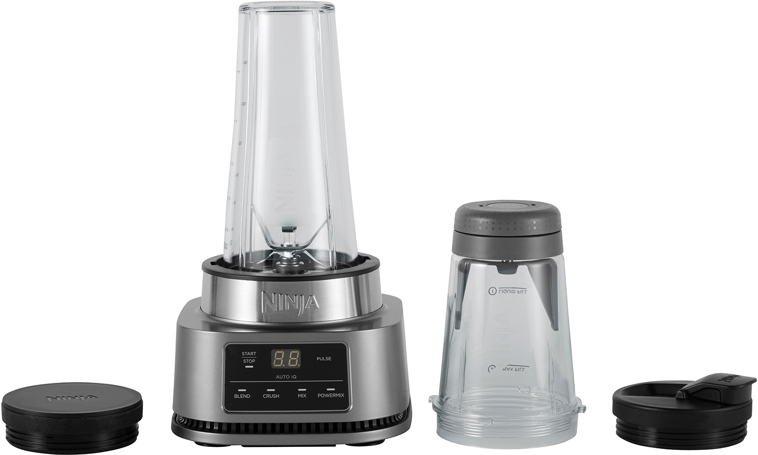 Ninja blender disassembled, with base, cup, and lids visible.