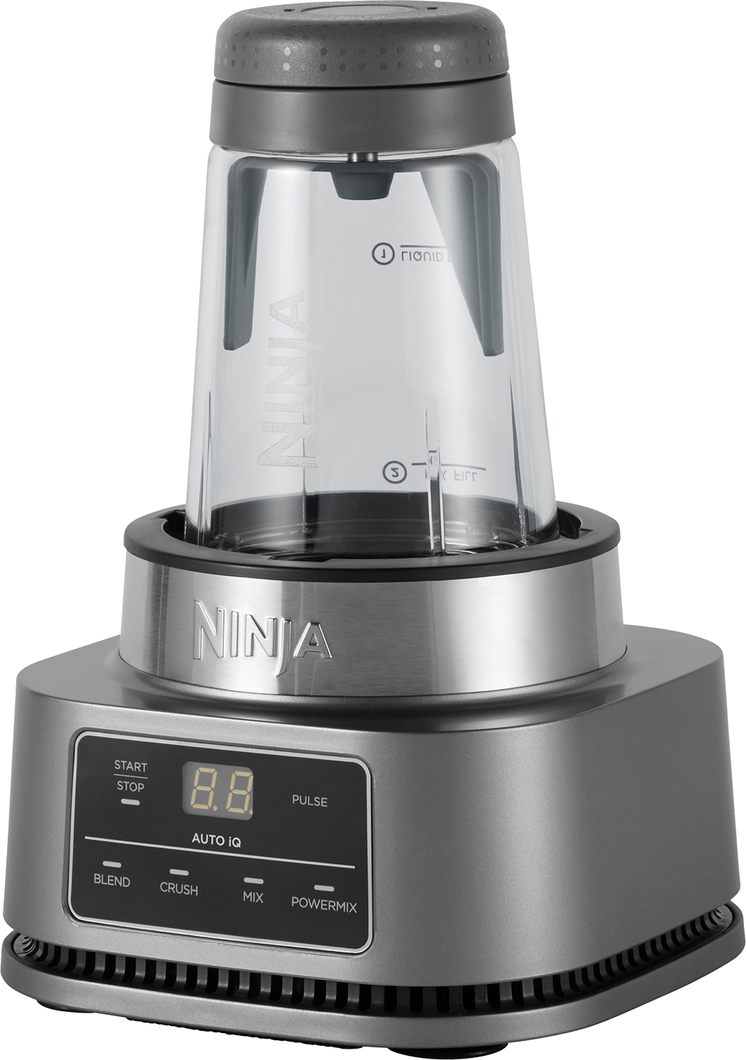 A silver and black Ninja blender with an attached clear container and digital display.