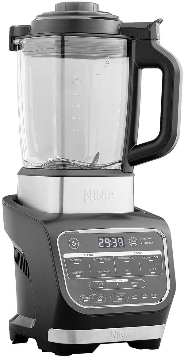 Black Ninja blender. Clear pitcher, digital display, and buttons. Shows time.