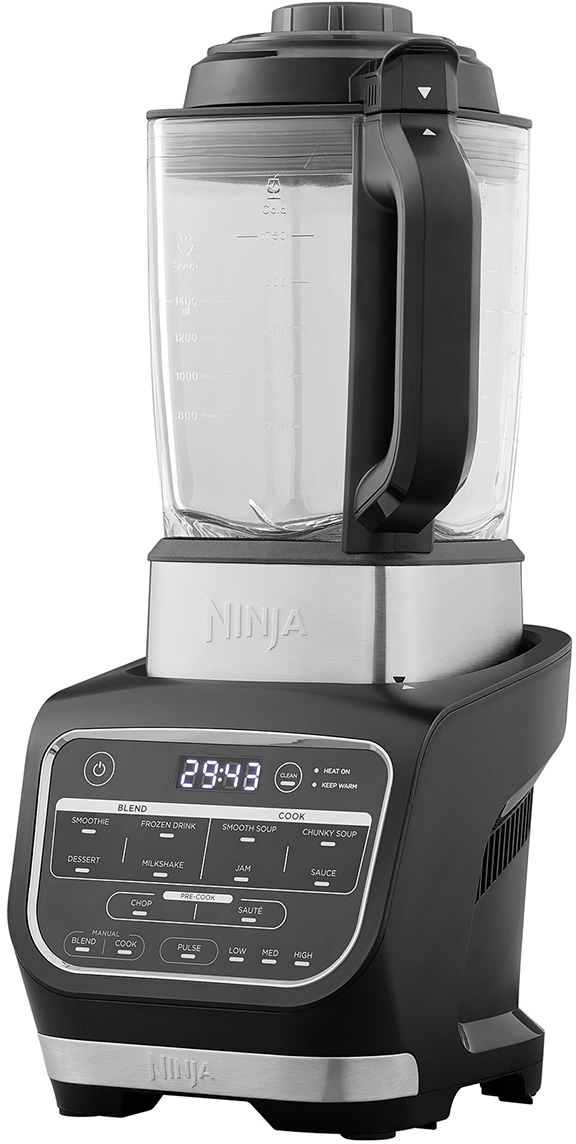 A black blender with a glass jar and digital display.