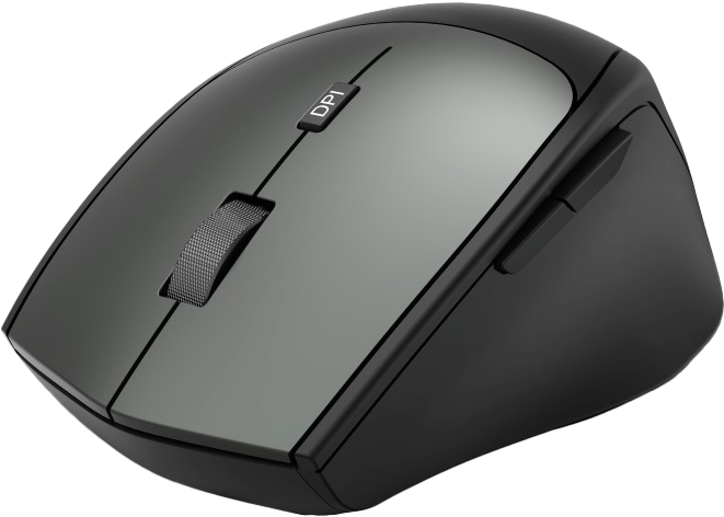 Fekete és szürke ergonomikus egér DPI gombbal, fehér háttéren.