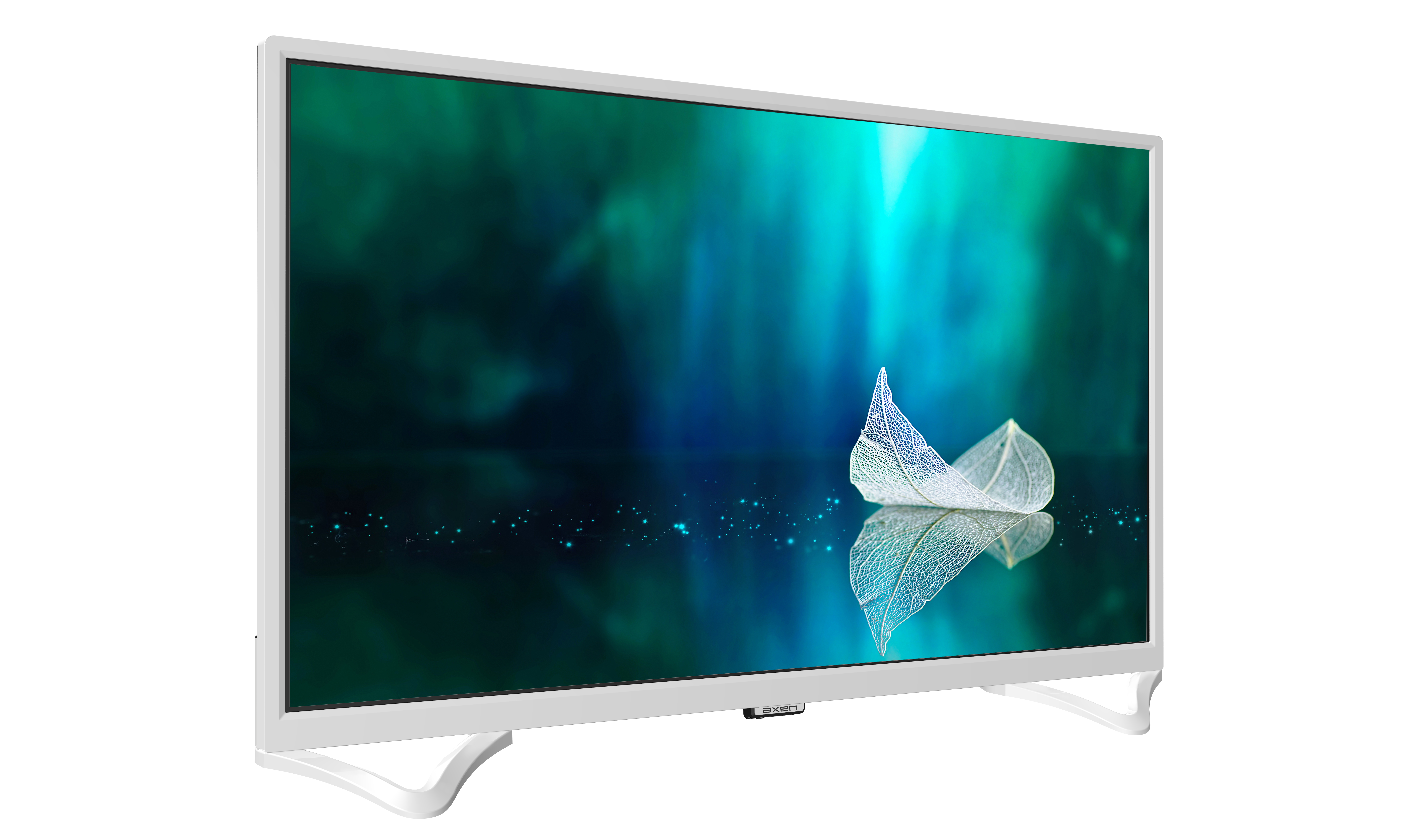 Beyaz yaprak yansıması olan yeşil ve mavi soyut bir arka plana sahip beyaz TV.