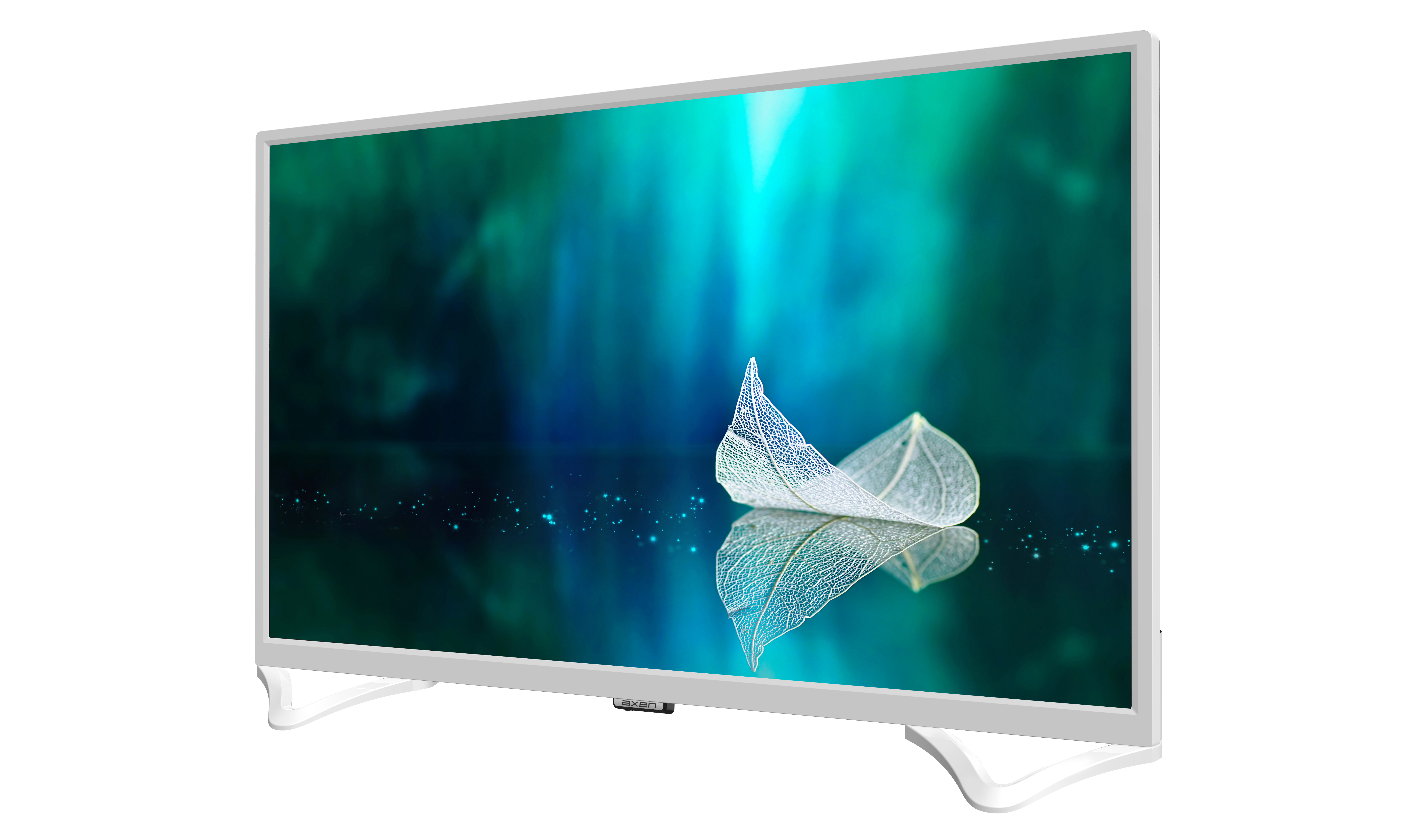 Ekranda bir doğa sahnesi olan beyaz bir TV. TV beyaz bir stand üzerinde.