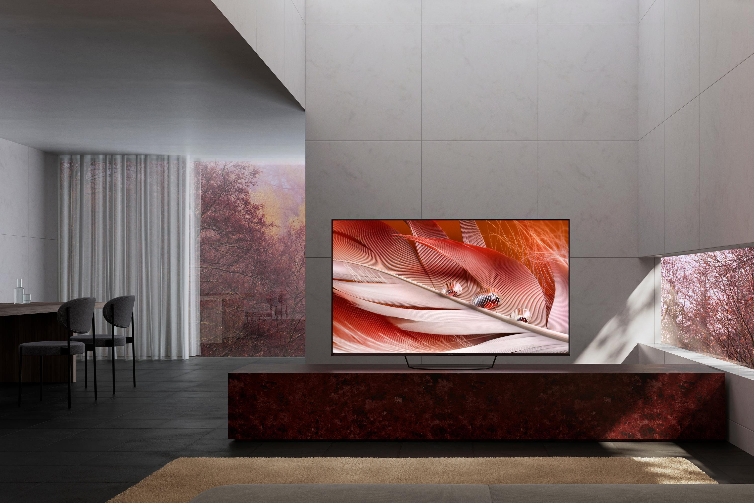 Modernes Wohnzimmer mit TV, Federn, rotem Tisch und zwei Stühlen.