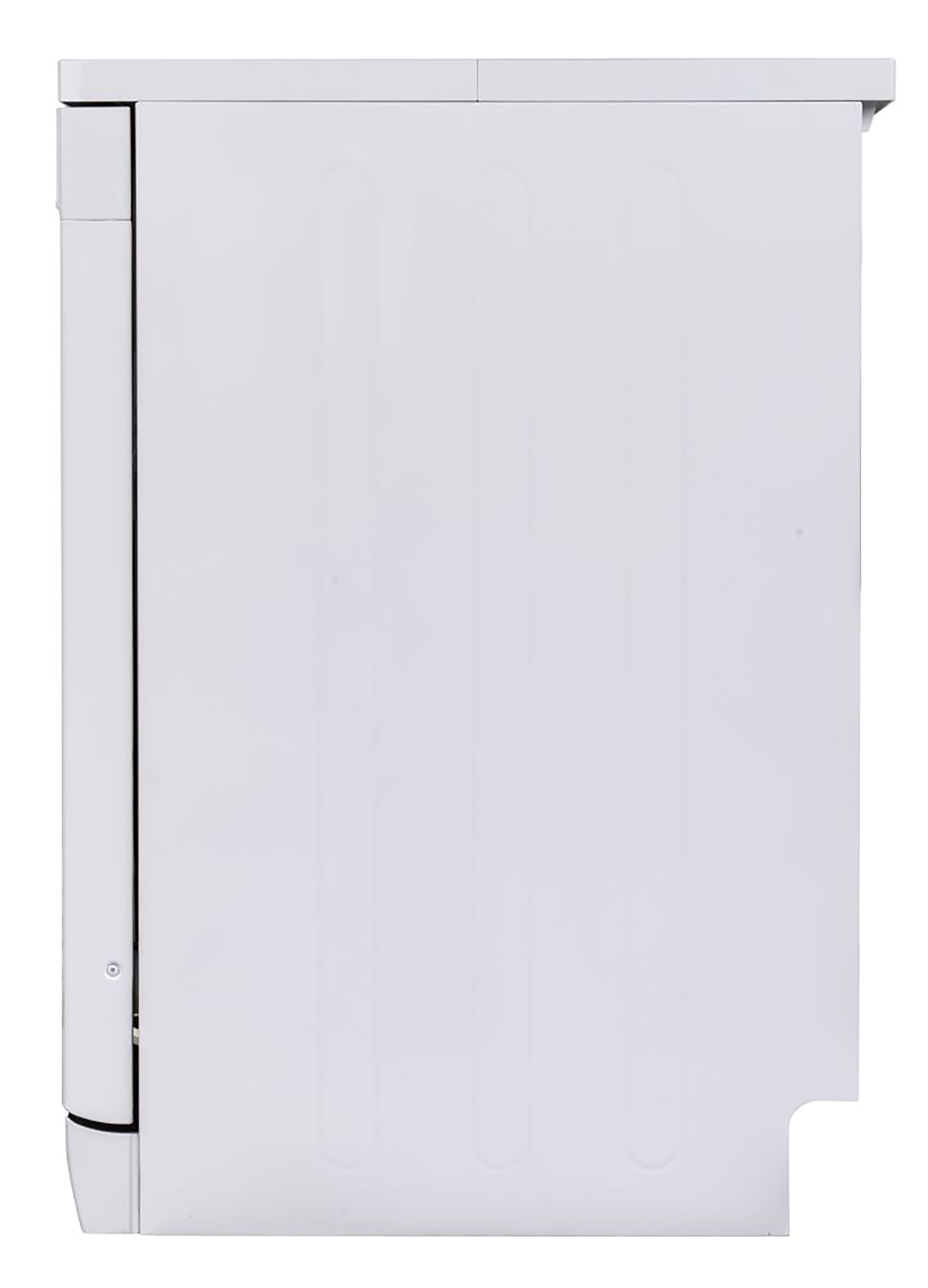 Witte zijaanzicht van een kast met een recht ontwerp, met verticale lijnen.