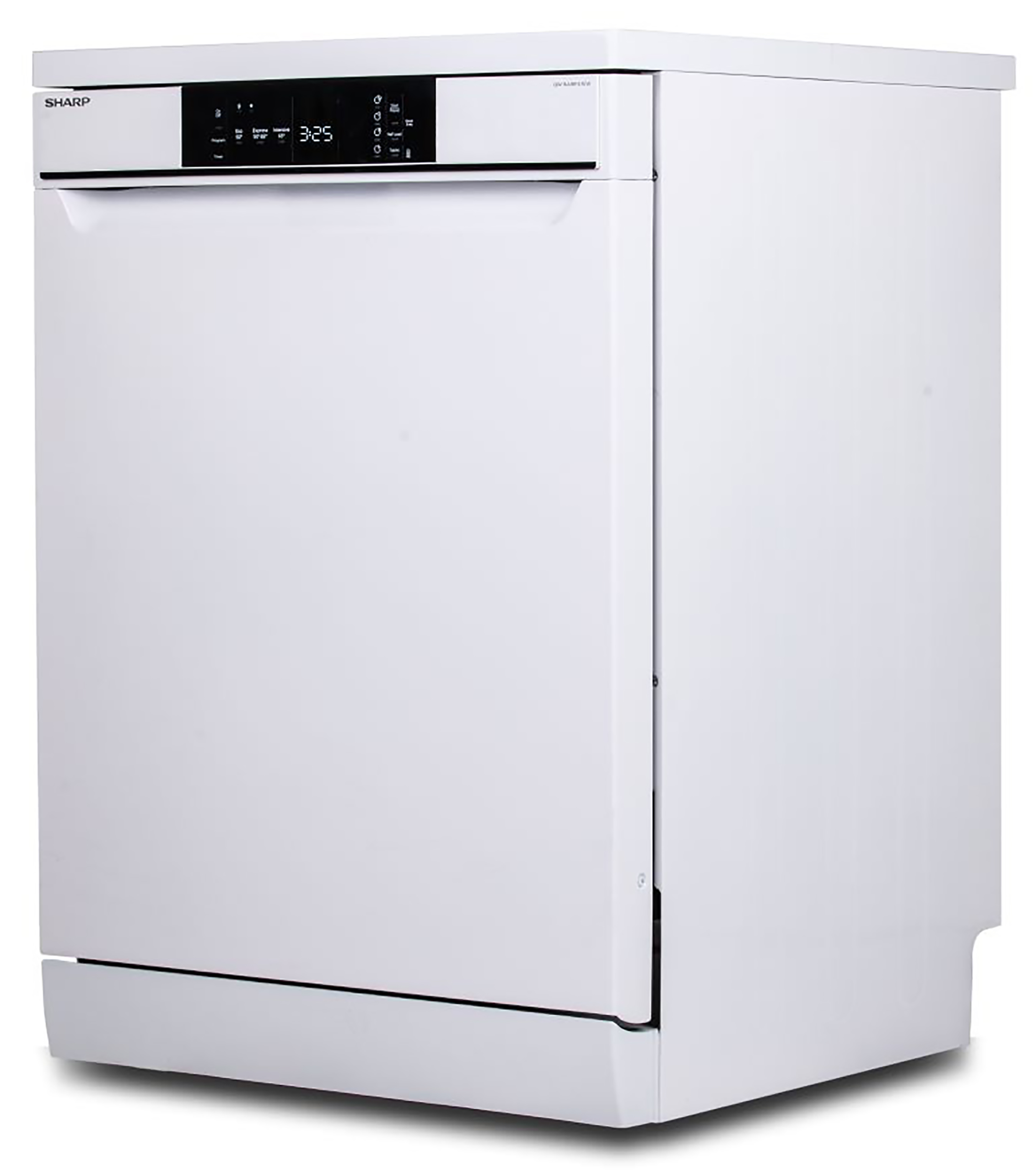 Witte Sharp vaatwasser, gesloten, met bedieningspaneel en digitaal display.