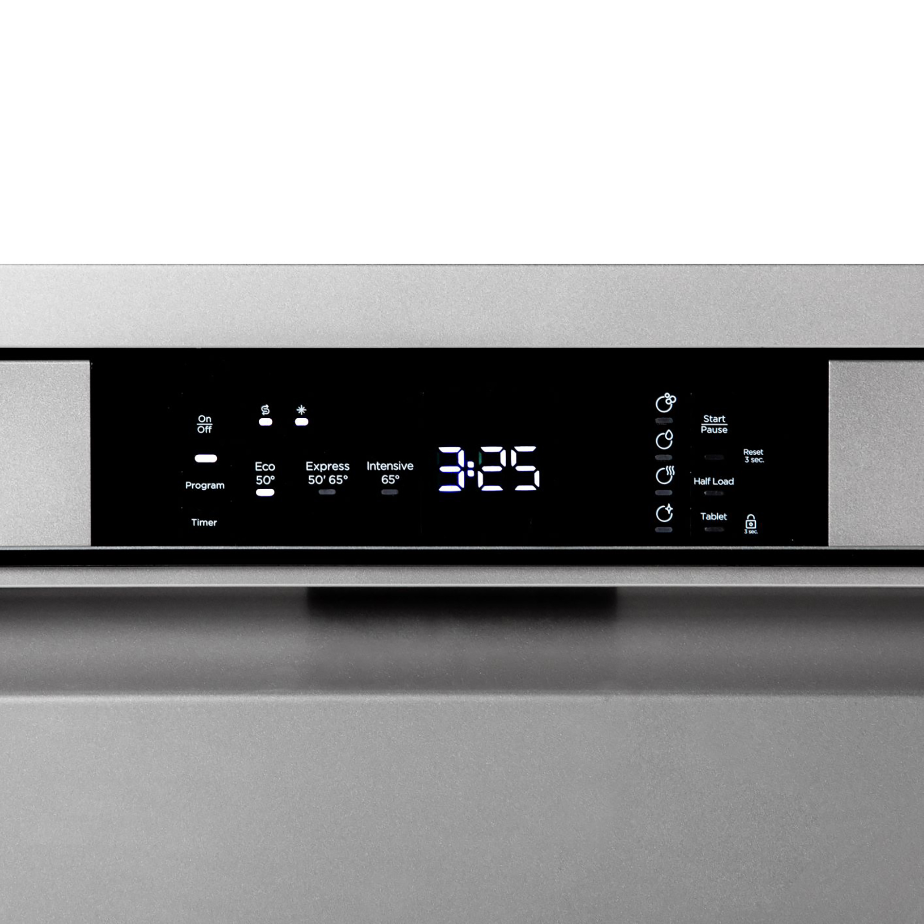 Close up of a dishwasher control panel. Displays timer, programs and other settings.