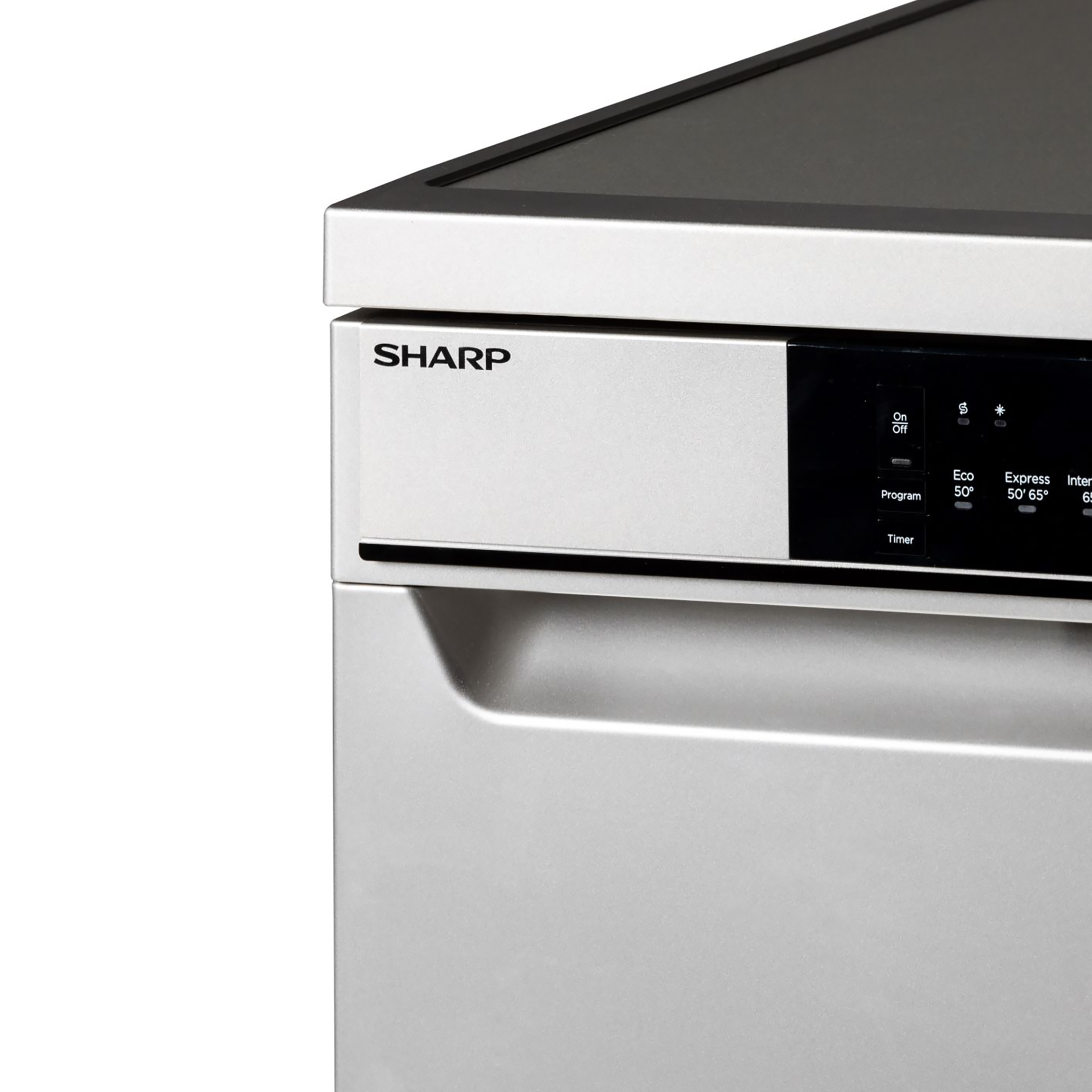 A close-up of a silver dishwasher control panel with buttons and the Sharp logo.