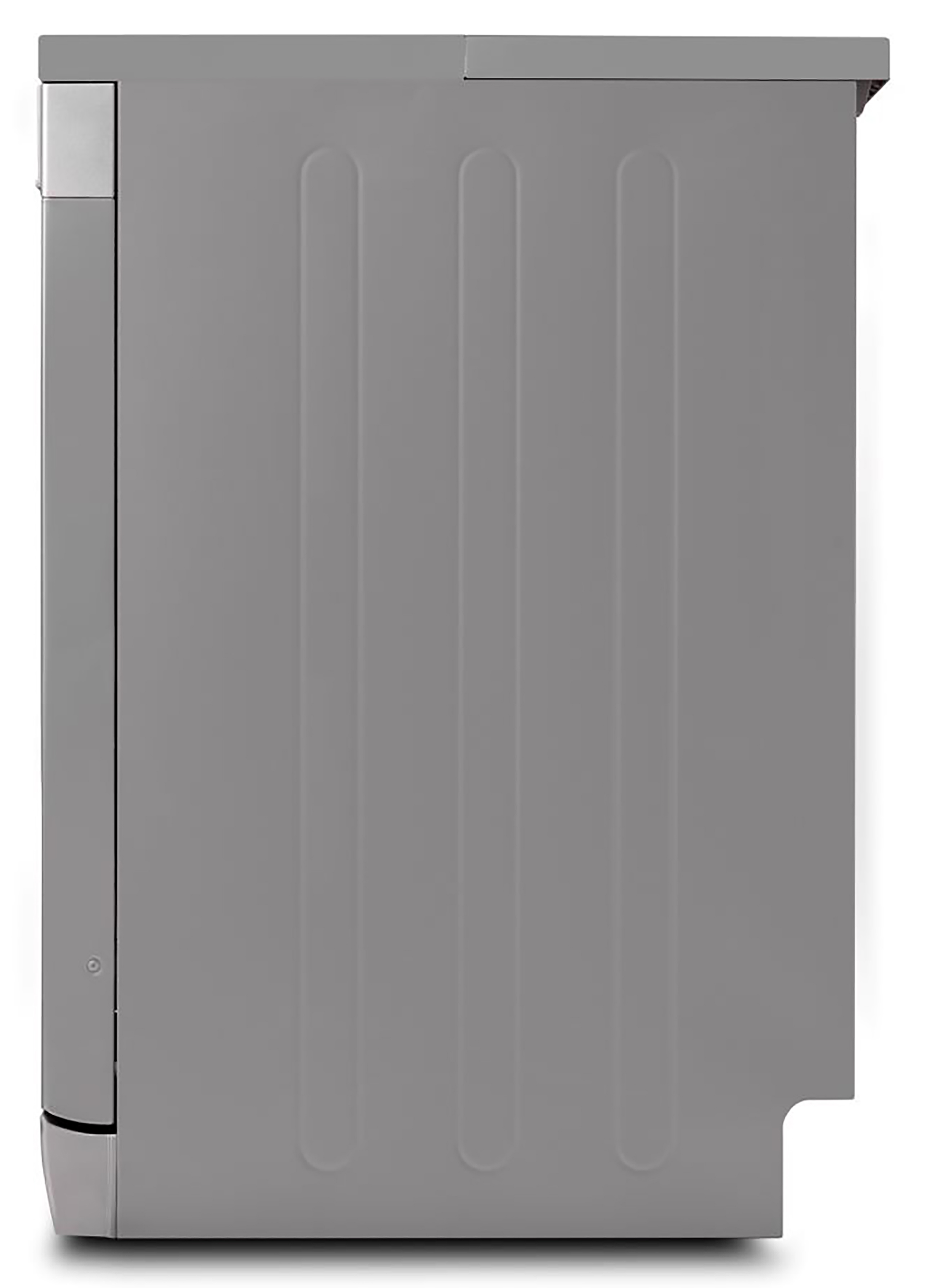 Side view of a light gray dishwasher with vertical ridges and metallic trim on the edges.