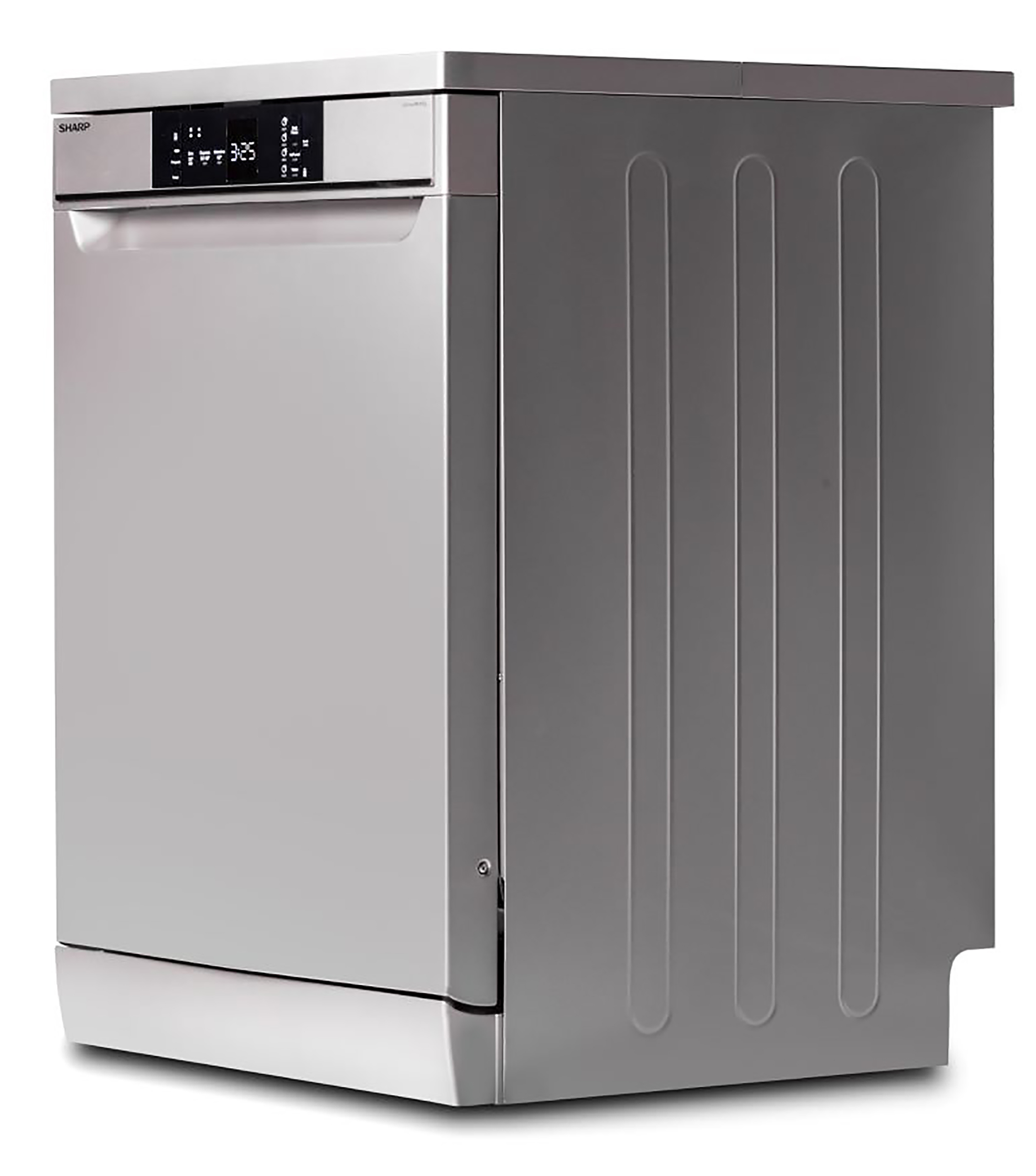 A silver Sharp dishwasher, seen from a side and angled perspective.
