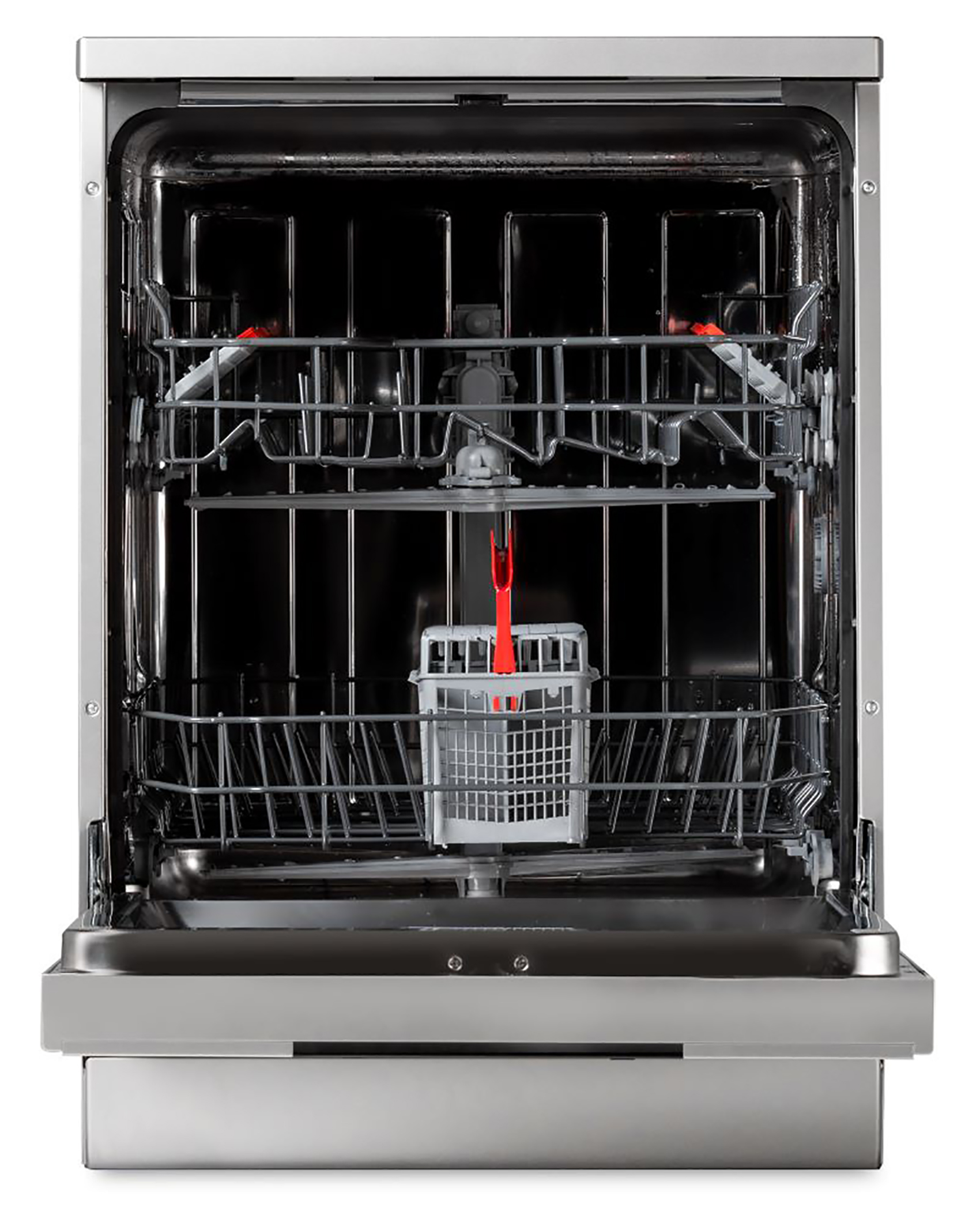 Open stainless steel dishwasher showing racks and interior.