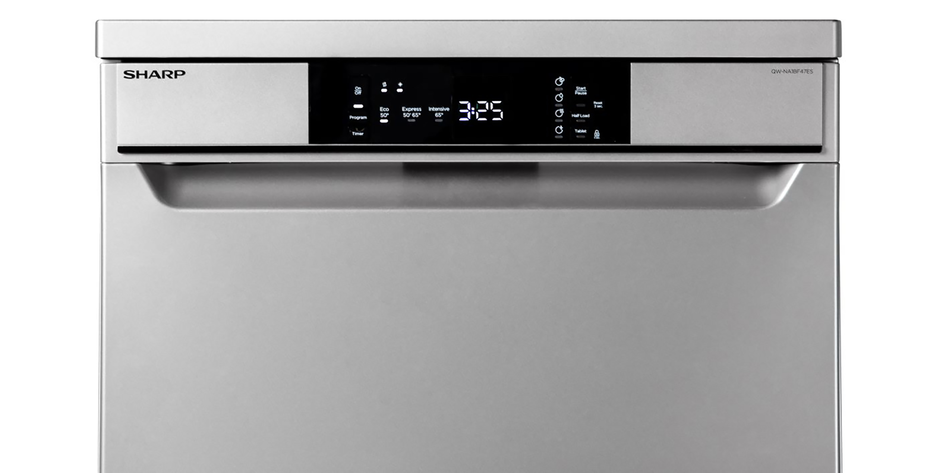 Close-up of a stainless steel dishwasher with a digital display and control panel.