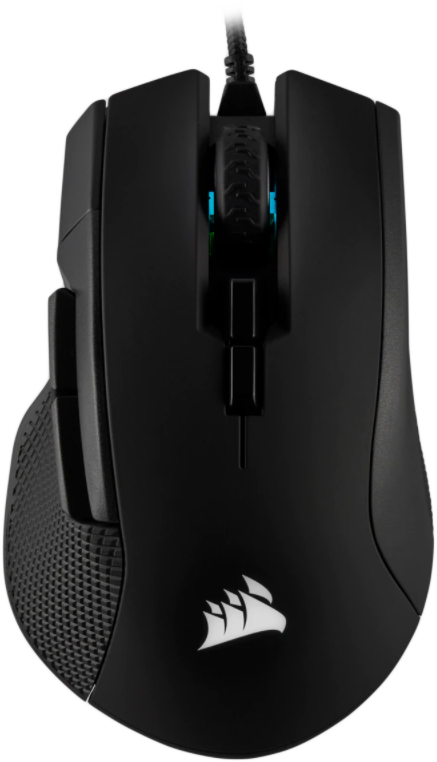 Egy fekete Corsair gaming egér texturált markolattal és görgővel. A Corsair logó látható.