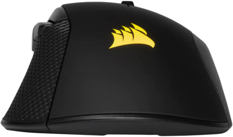 Közelkép egy fekete Corsair gamer egérről, sárga logóval.