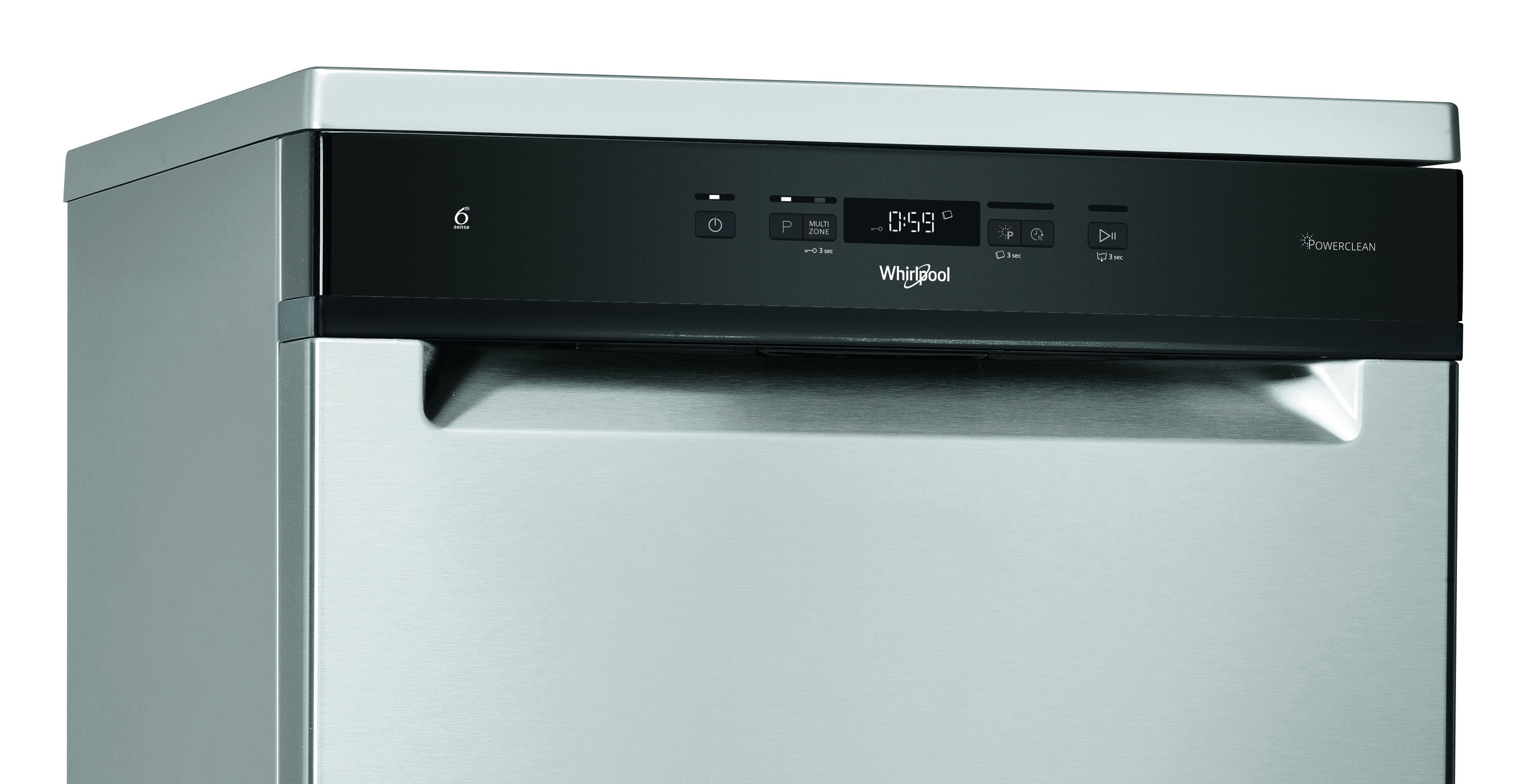 Egy ezüst Whirlpool mosogatógép vezérlőpaneljének közeli képe. Van rajta bekapcsoló, programok és egy kijelző.