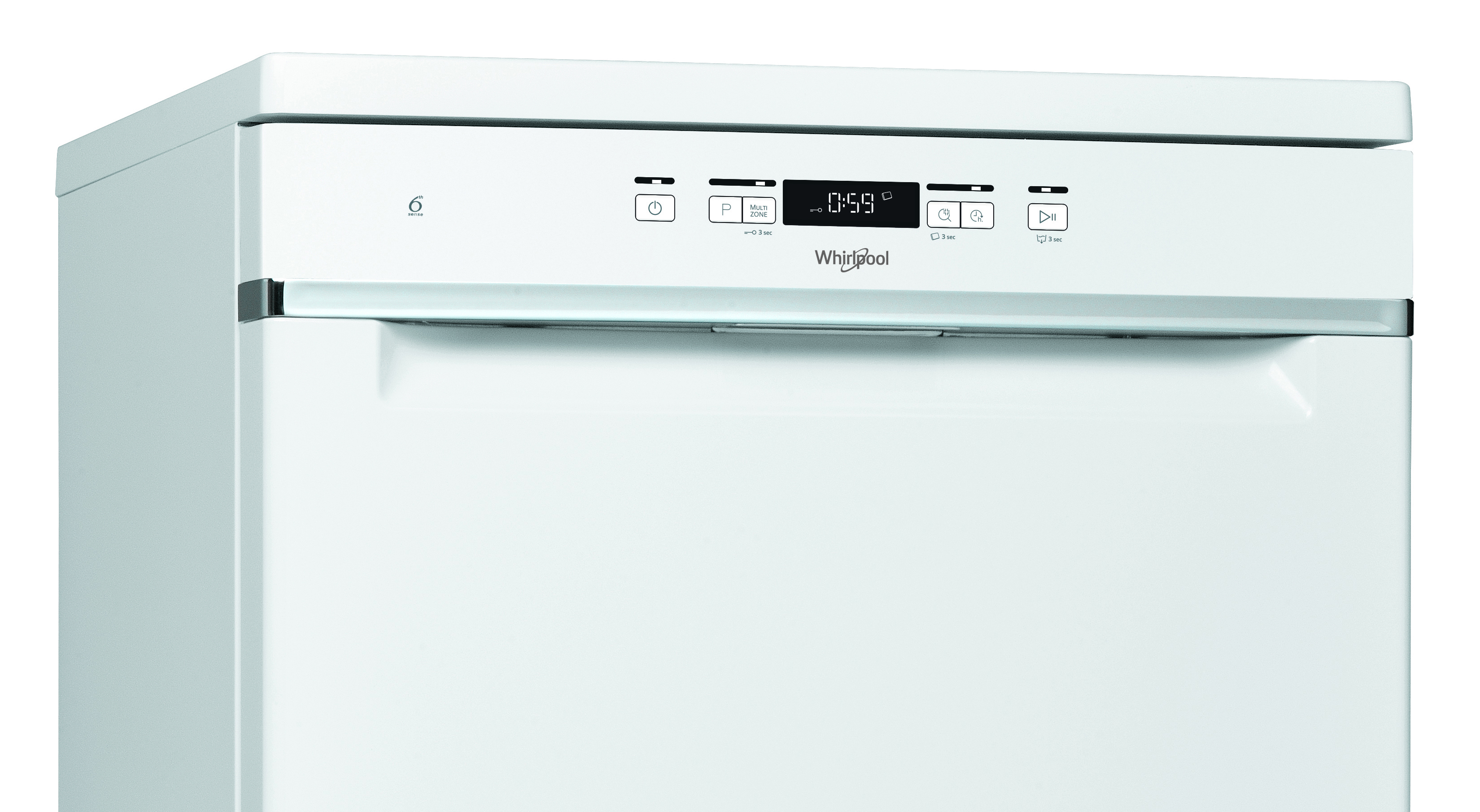 Fehér Whirlpool mosogatógép, a vezérlőpanelen az idő és gombok láthatók.