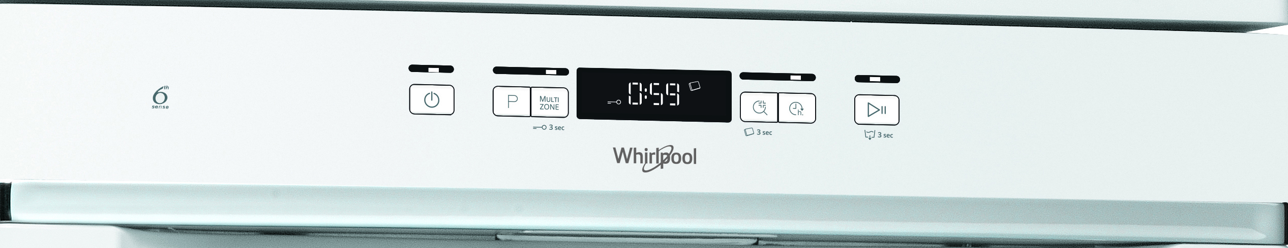 Fehér Whirlpool készülék vezérlőpanel 0:59 kijelzéssel, be/ki és funkció gombokkal.