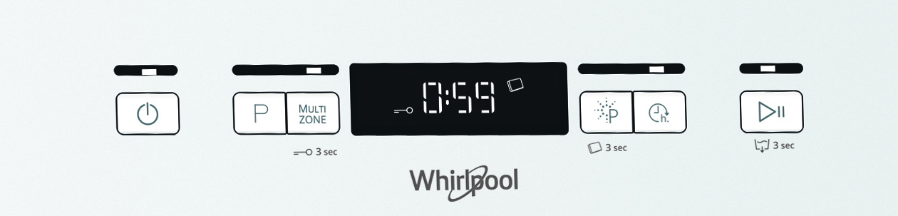 Mosogatógép vezérlőpanelje időzítővel, gombokkal és a Whirlpool logóval.
