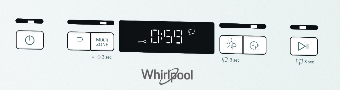 Fehér Whirlpool készülék vezérlőpanel gombokkal és digitális kijelzővel, ami az időt és a beállításokat mutatja.