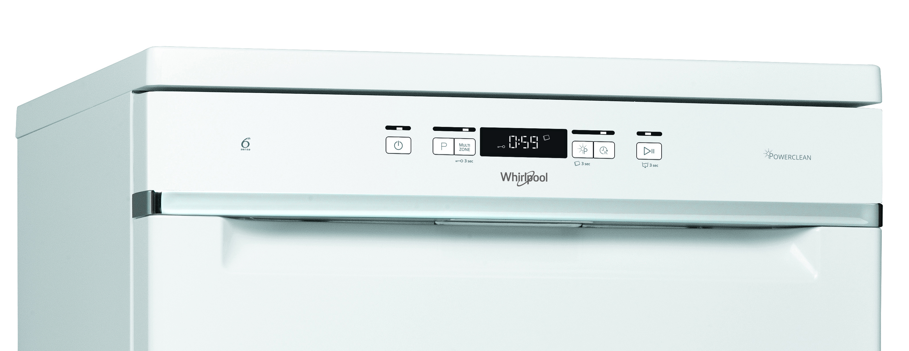 Fehér Whirlpool mosogatógép vezérlőpanelje, 0:59-es digitális kijelzővel és gombokkal.