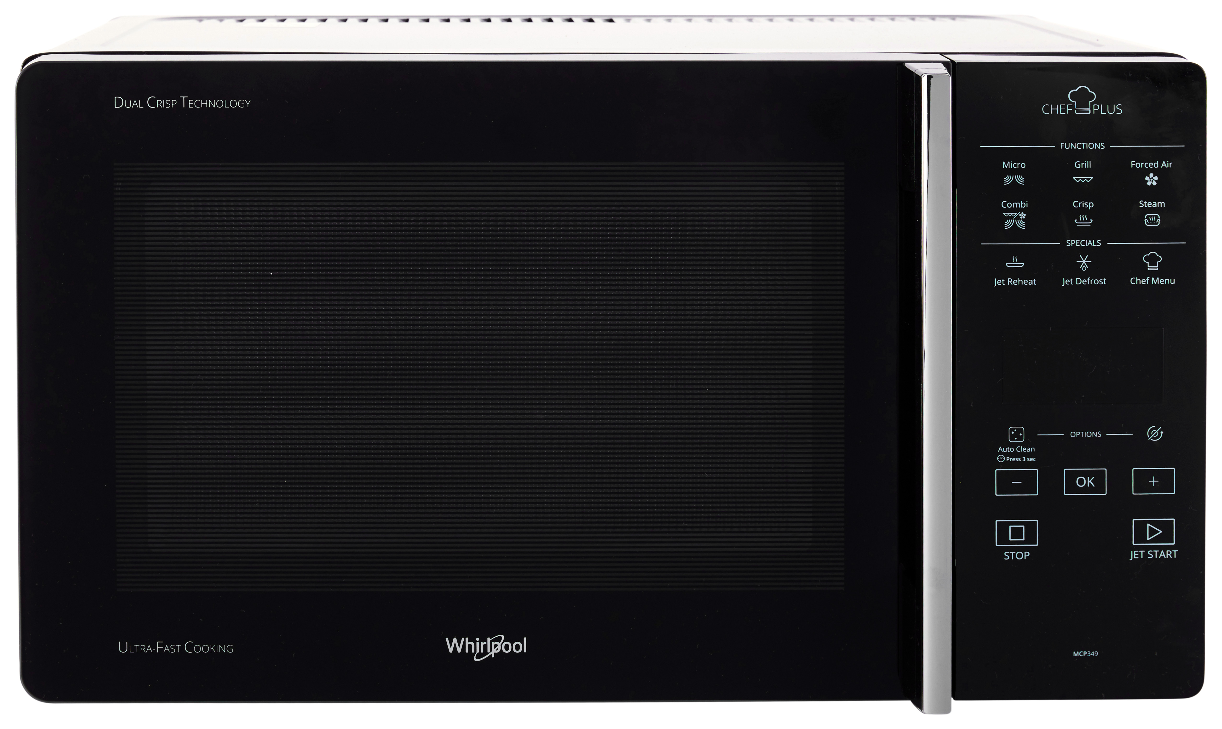 Egy fekete Whirlpool mikrohullámú sütő. Digitális kijelzővel és vezérlőgombokkal rendelkezik.